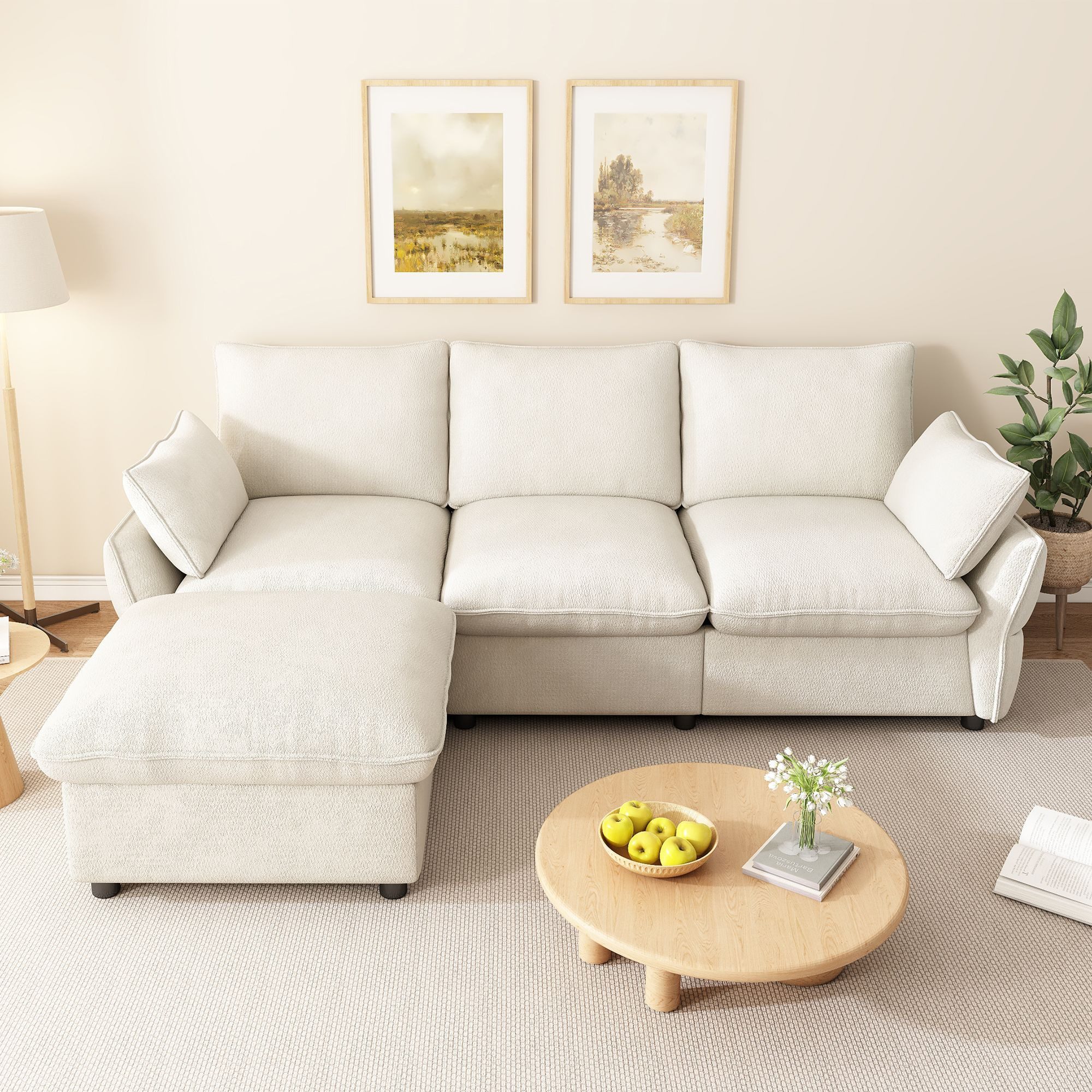 Merax Ecksofa mit Ottomane, 3-Sitzer Sofa, L-förmiges Sofa mit Hocker, 1 Teile, Chenille Sofa, Wohnzimmer Sofa, Couch mit Kissen