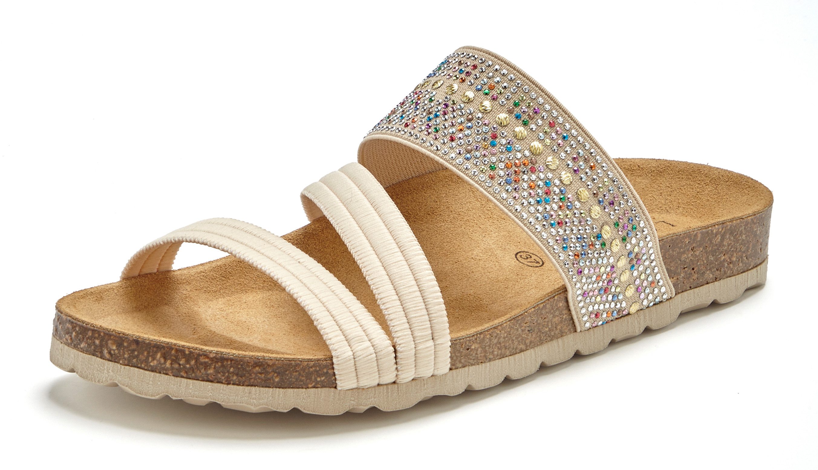 LASCANA Mule, Sandale, offener Schuh, Sommerschuh, Pantolette mit Komfortkorkfußbett aus Leder und elastischen Riemen