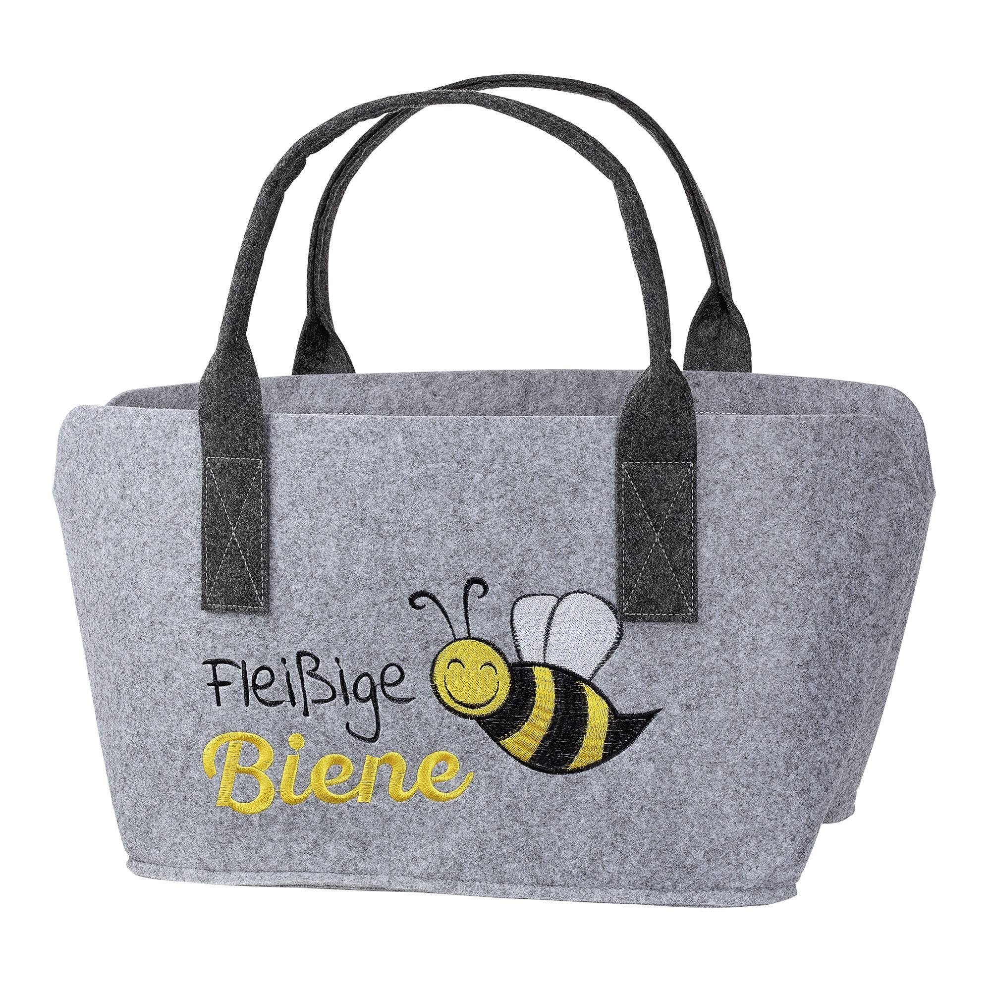 GMD Living Tragetasche BIENE, hellgrau, mit Schrift "Fleißige Biene" und Bienenmotiv, bestickt