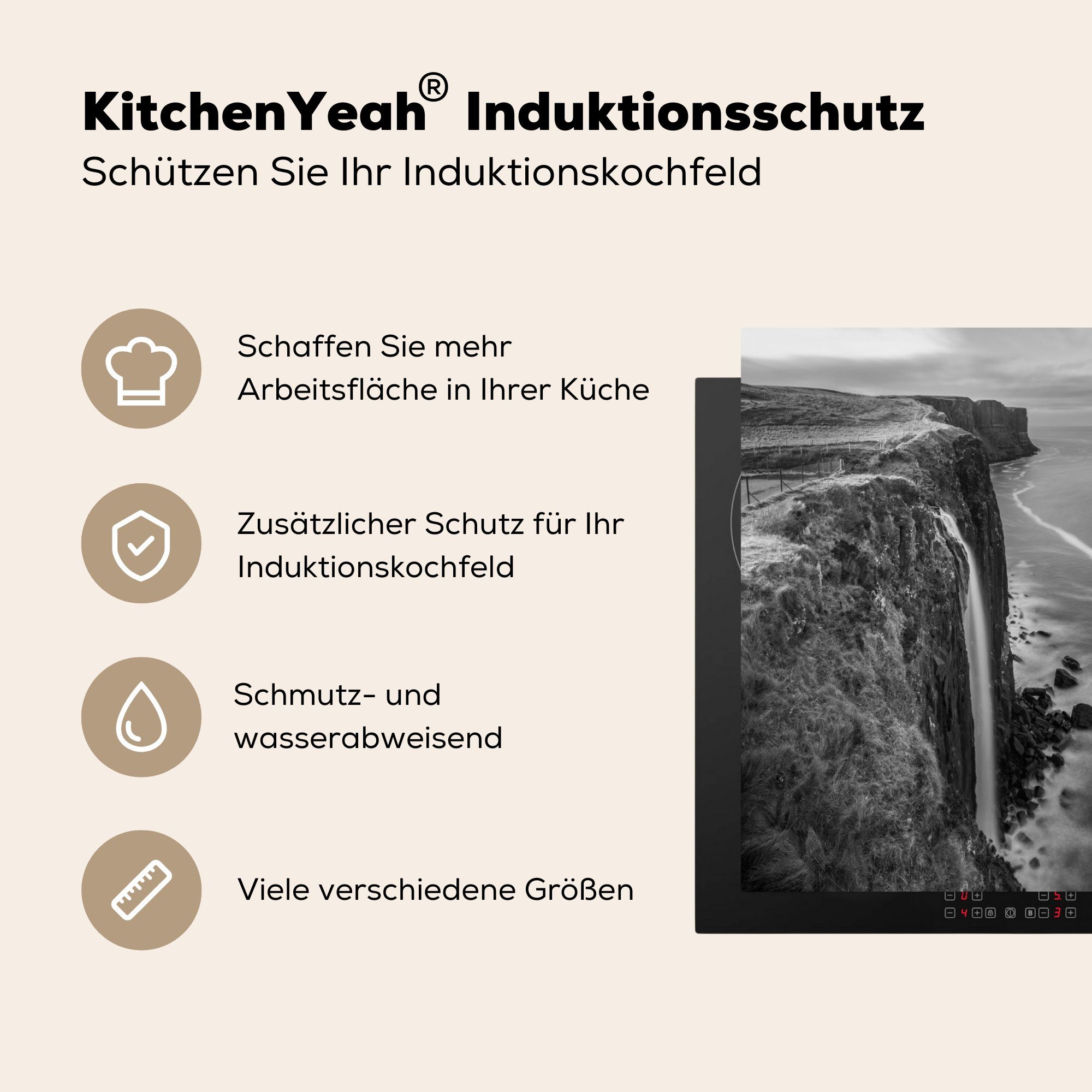 MuchoWow Herdblende-/Abdeckplatte 78x78 Skye für tlg), Arbeitsplatte in Schwarz Vinyl, küche (1 cm, Weiß, und Wasserfall Ceranfeldabdeckung, auf