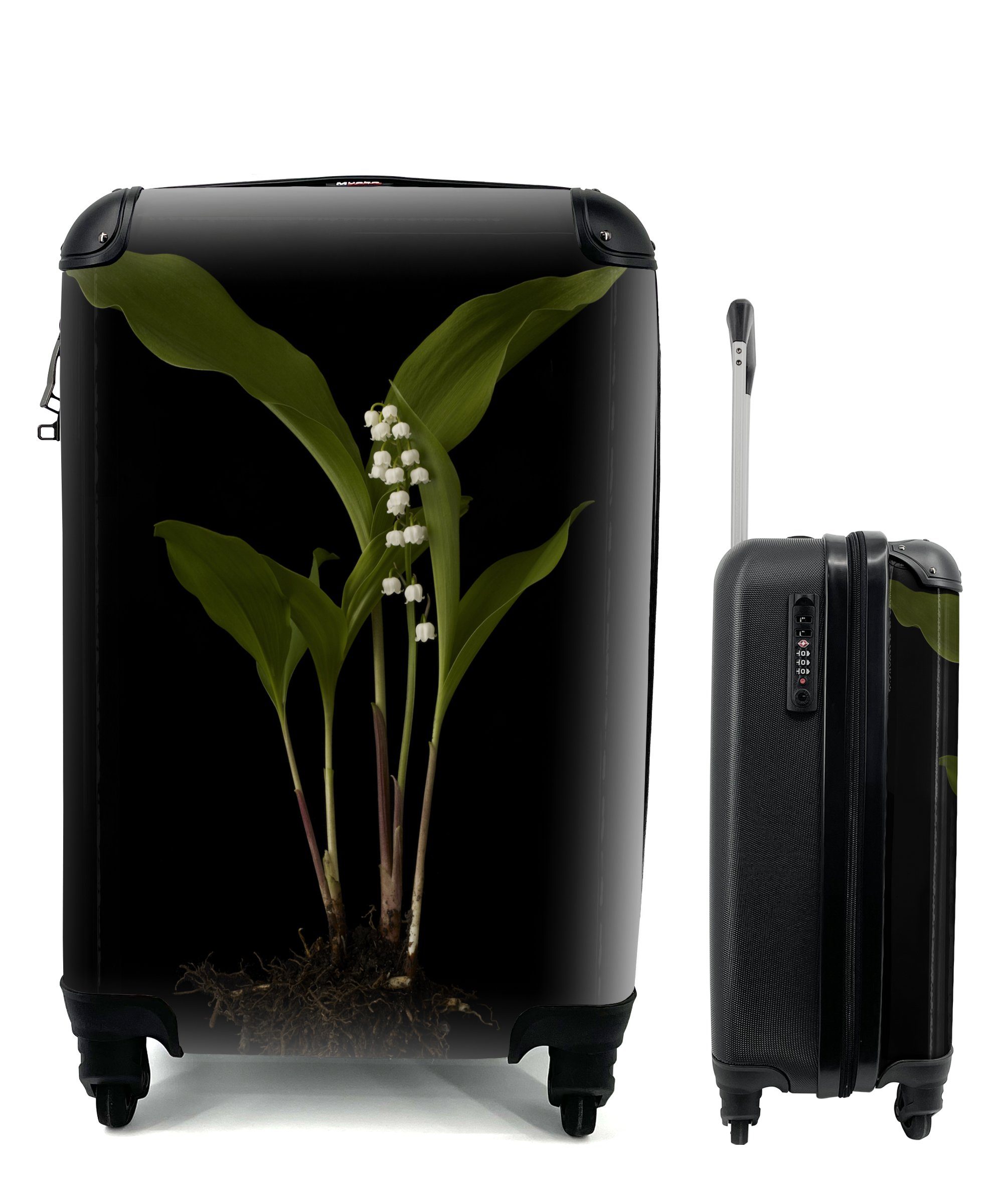 MuchoWow Handgepäckkoffer Ein Maiglöckchen mit Blättern auf schwarzem Hintergrund, 4 Rollen, Reisetasche mit rollen, Handgepäck für Ferien, Trolley, Reisekoffer