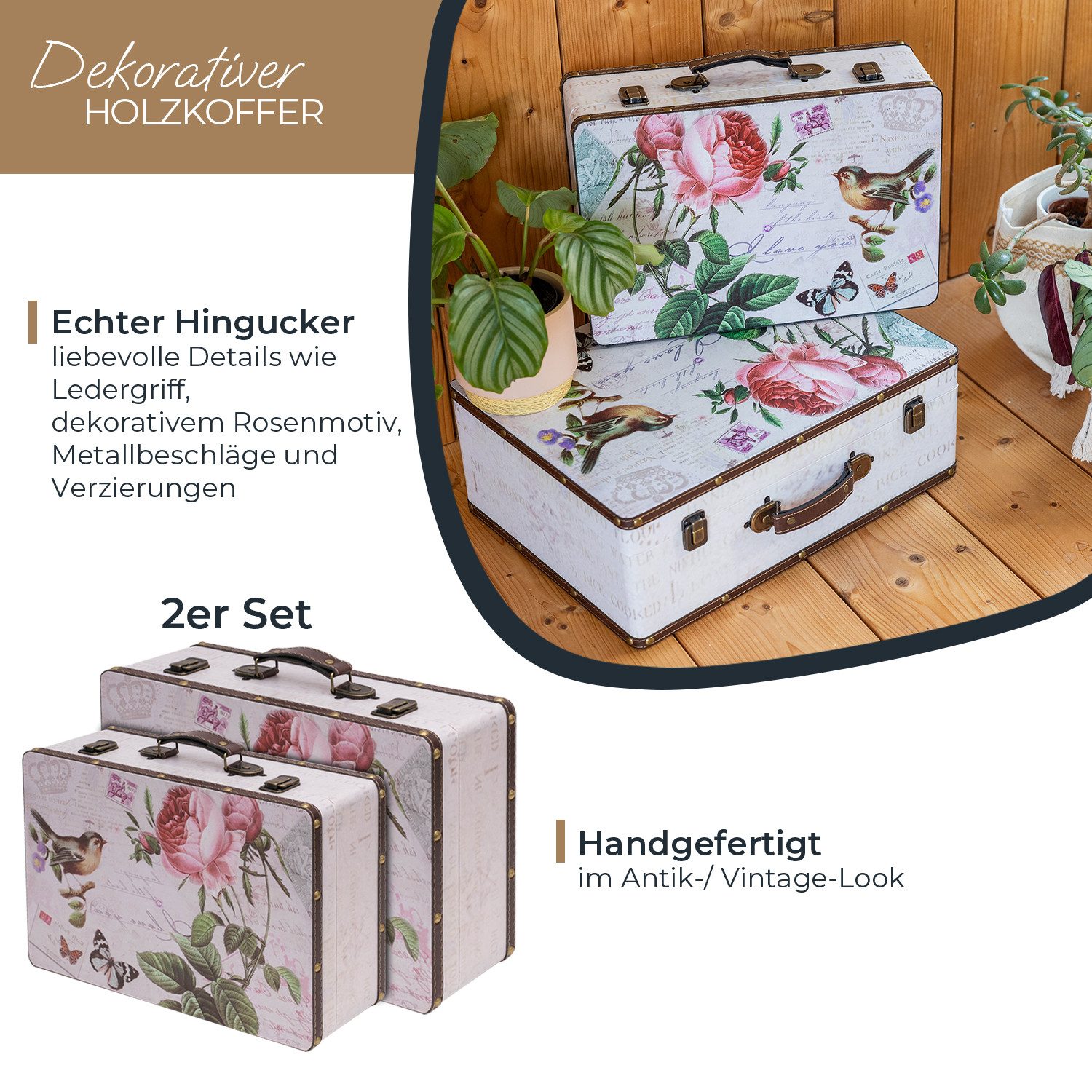 HMF Aufbewahrungsbox Handgefertigter Vintage Koffer aus Holz, Deko Koffer (versch. Größen), Geschenkkoffer im Rosen Design