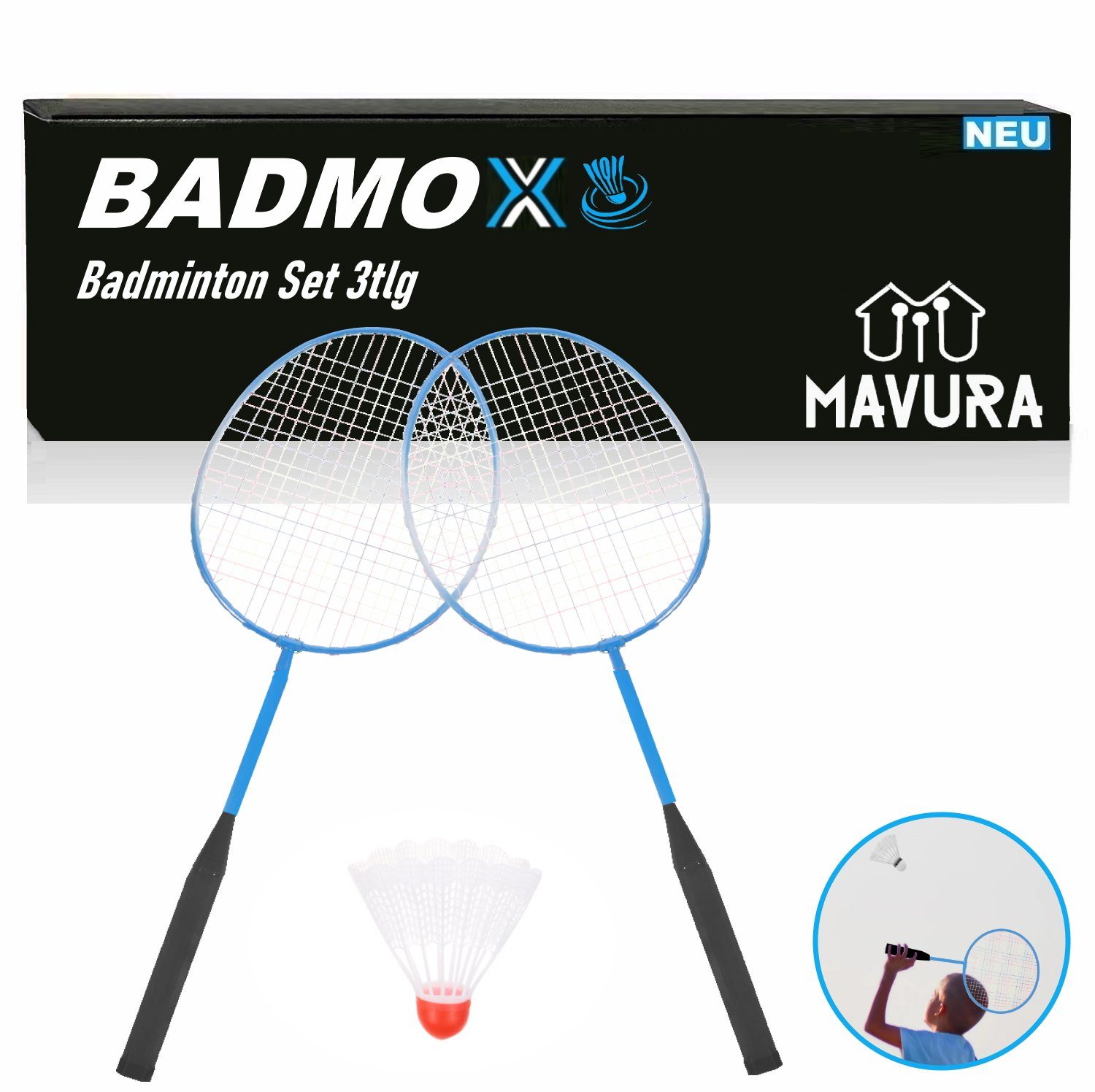 & Set Badminton Blau BADMOX Schläger, Badmintonset Federball 1 Outdoor Badmintonschläger Federballset 2 MAVURA Federball