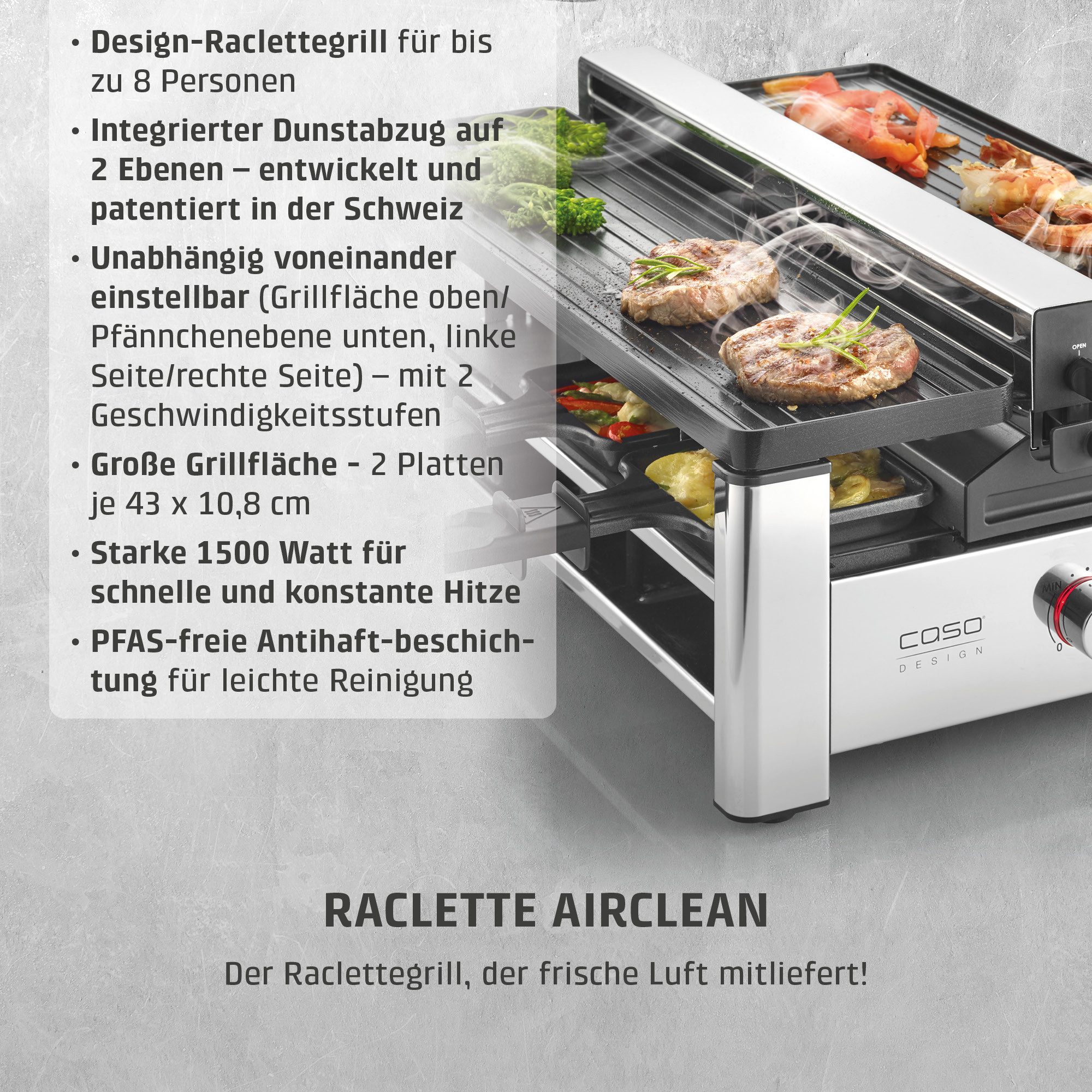 Caso Raclette AirClean, 8 Raclettepfännchen, 1500 W, Dunstabzug auf 2 Ebenen, 2 Geschwindigkeitsstufen, 8 Pfännchen