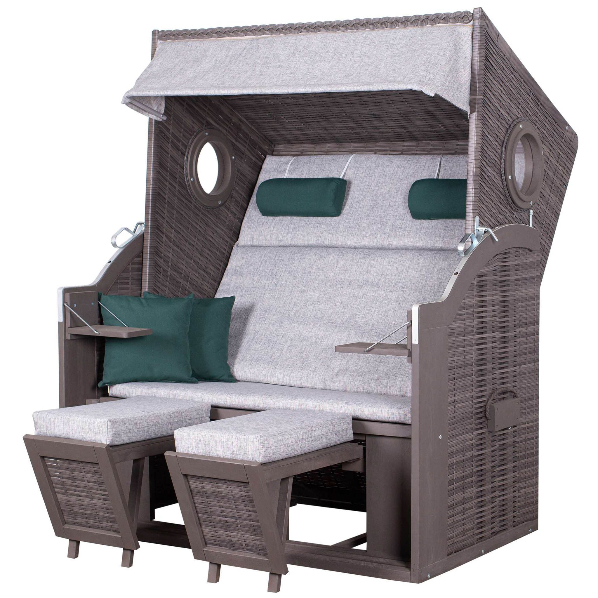 deVries PURE® Strandkorb Wave XL - PE grey - Dessin 484, BxTxH: 140x80x160 cm, Halblieger, Ostsee-Strandkorb, (Strandkorb-Komplettset, 2-tlg., Strandkorb inkl. passender Premium Schutzhaube), mit Windschutzfolie, Bistrotischen und bequemer Polsterung