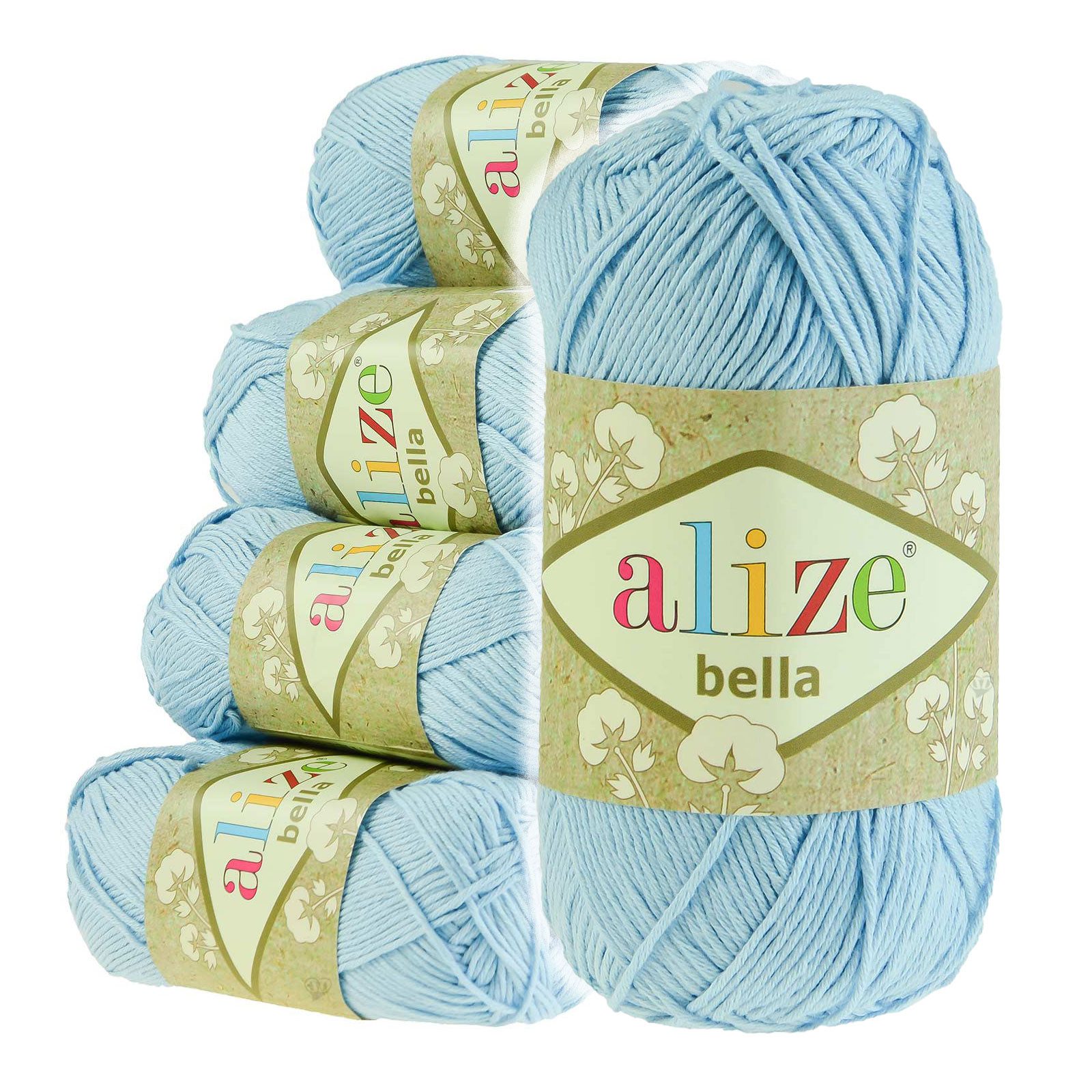 Alize 5 x 100g Alize Bella uni Baumwoll-Strickgarn Häkelgarn Sommerwolle Häkelwolle, 360 m, 40 blau
