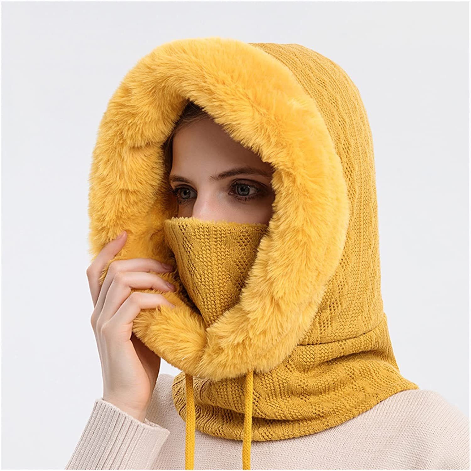 Winter,Sturmhauben Schal,Mütze Schal Vollgesichtsmaske Damen Winddichte XDeer Mütze gelb Wintermützen,Strickmützen,Warme & Schal Mütze Kapuzen