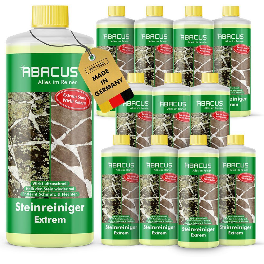 ABACUS Steinreiniger Extrem, Flechtenentferner, Steinreiniger Intensiv außen Grünbelagentferner (Entfernt sofort Algen, Schmutz, Grünbelag und Flechten, [- 12x1000ml Steinreiniger Extrem mit Sofortwirkung)