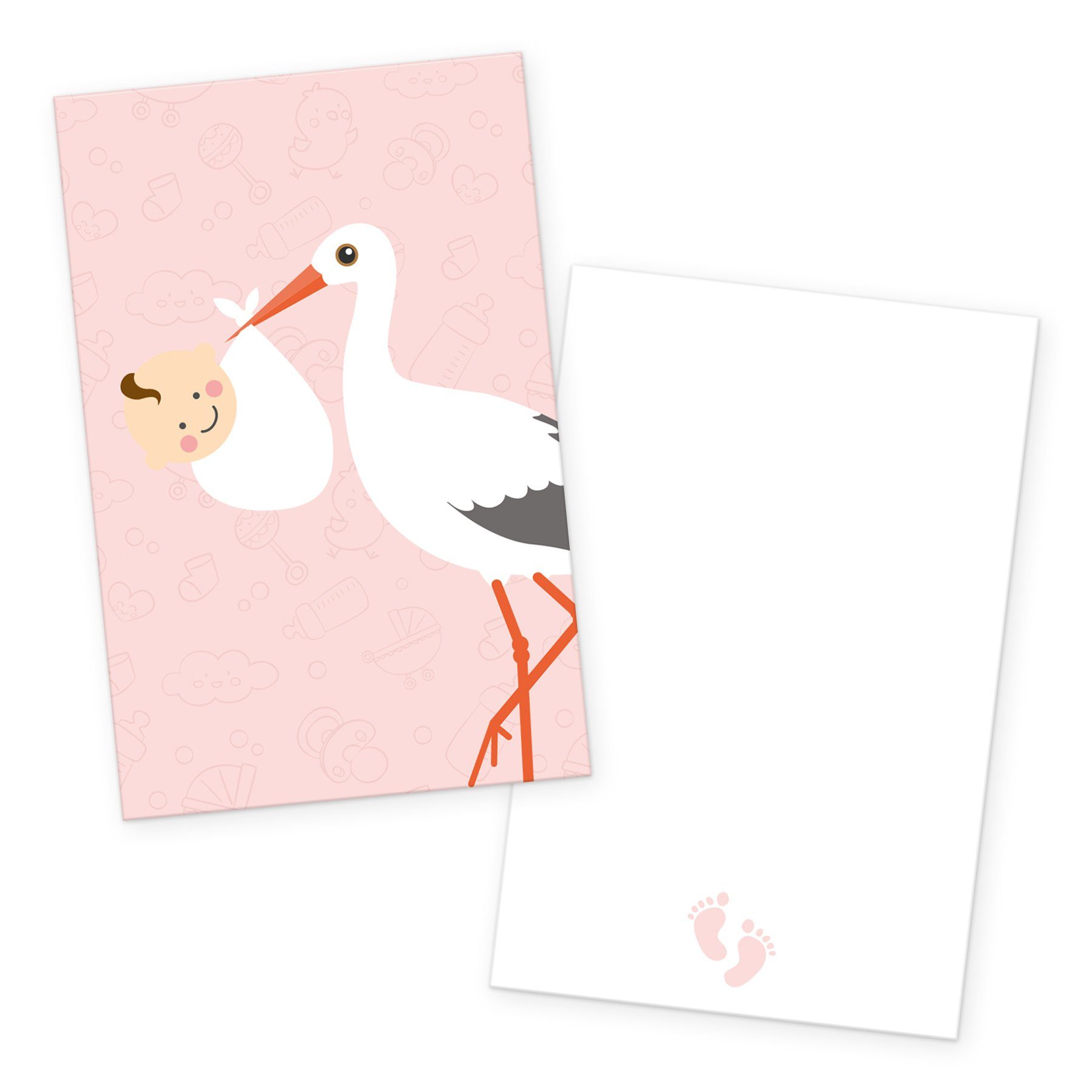 itenga Grußkarten itenga 24x Kärtchen "Storch mit Baby" rosa pastell in Visitenkartengrö