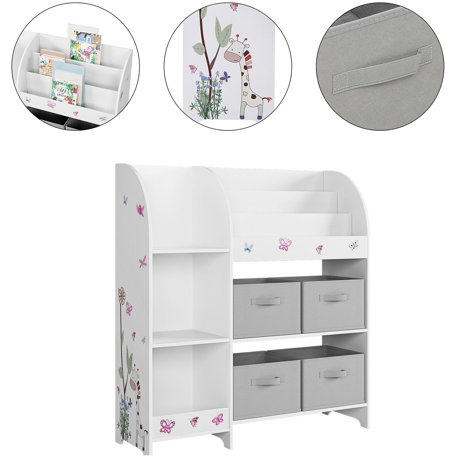 HOMECHO Toy Chest, Toy Shelf, Bookshelf, Children's Shelf with 4 Fabric Boxes