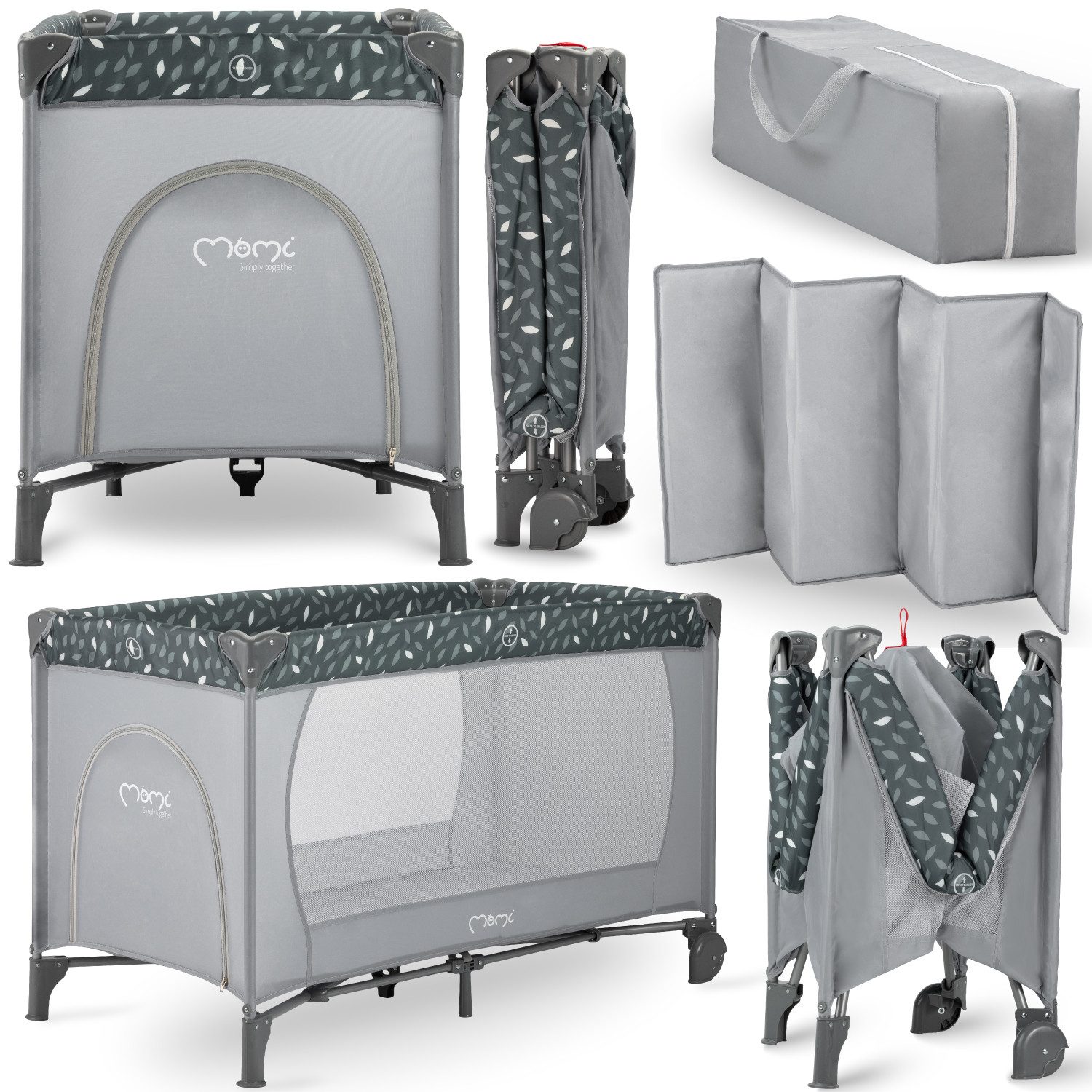 MoMi Baby-Reisebett Belove, 3-in-1 Reisebett mit Matratze & Rollen, faltbar