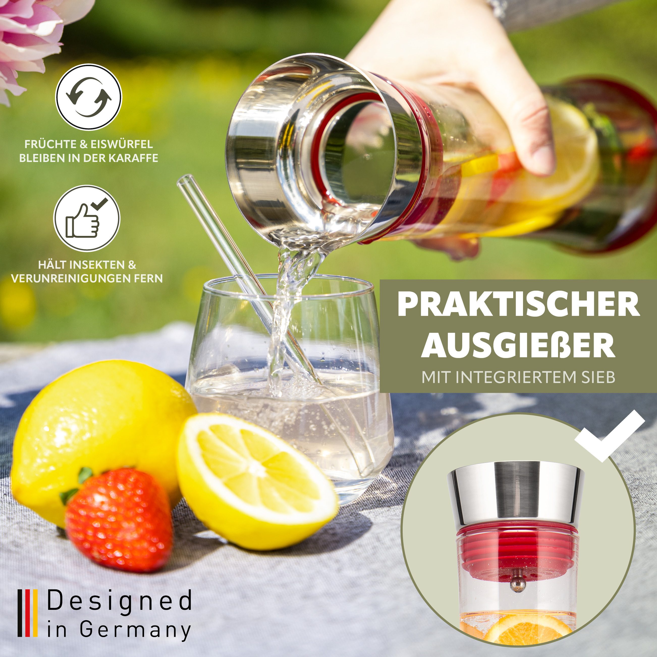 bremermann Karaffe Glaskaraffe CAROLA mit Silikonfuß - zerlegbarer Deckel - 1 Liter, rot