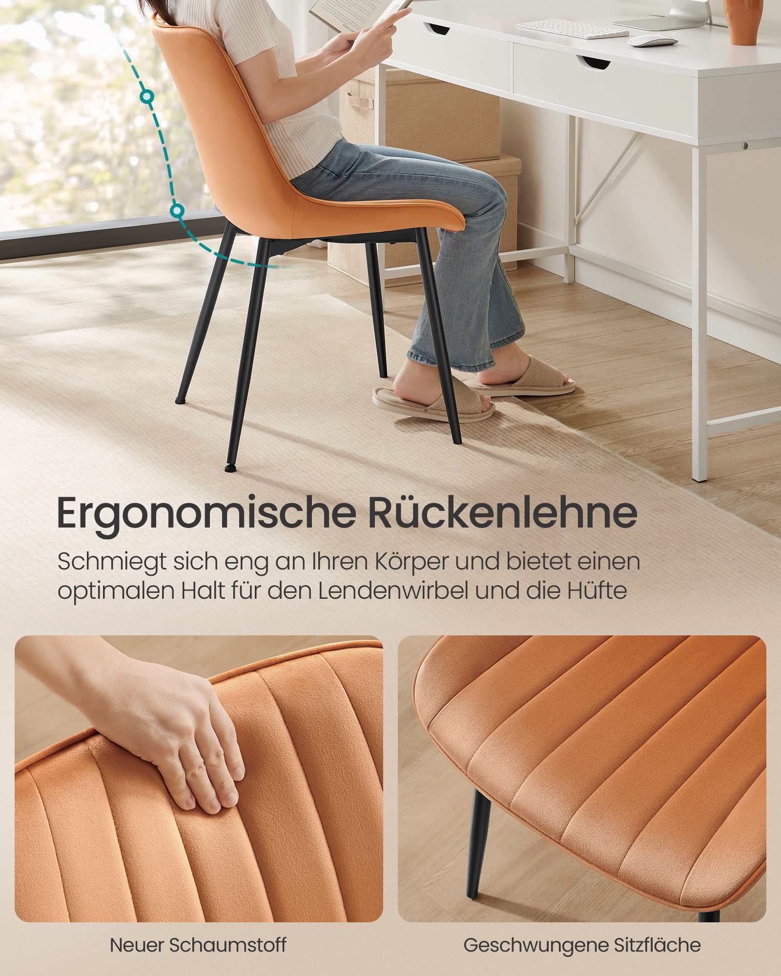 SONGMICS Esszimmerstuhl Küchenstuhl aus Samt, Polsterstuhl mit Armlehnen, Loungesessel (6 St), bis 120 kg belastbar, für Esszimmer, Küche, Stahlbeine, Polsterst – Bild 5 von 5