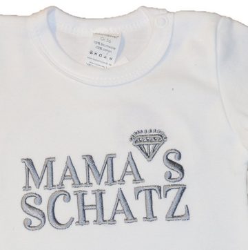 Babymajawelt Kurzarmbody Babybody "Mama´s Schatz" weiss mit silber - Stickerei, Spruchbody aus reiner Baumwolle Made in Europa, Geschenk für Mama, Body mit Druckkönpfen am Hals und im Schritt