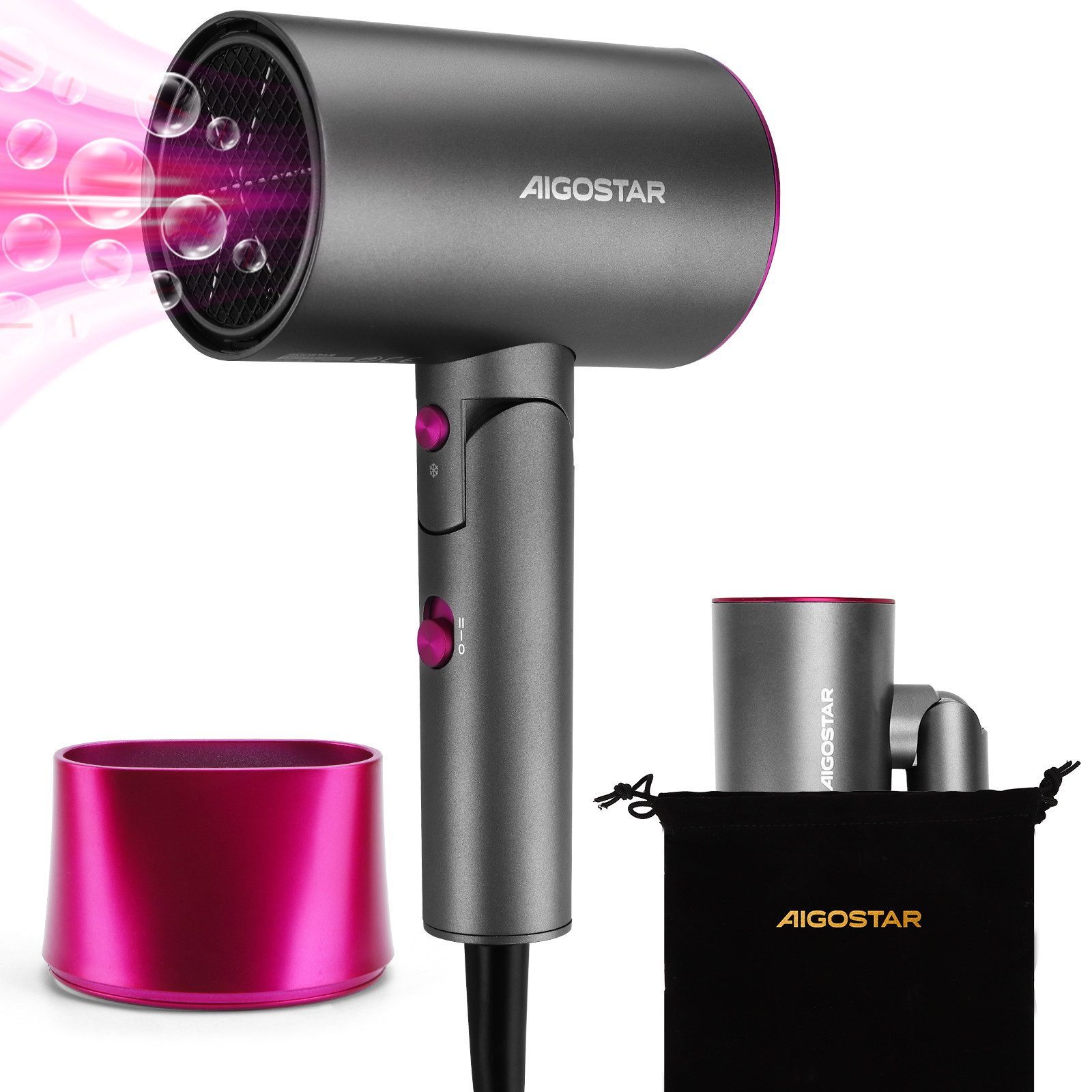 Aigostar Haartrockner Klappgriff, 3 Temperaturen/2 Geschwindigkeiten, Überhitzungsschutz, 2100,00 W, Reisehaartrockner, Reise haartrockner, Fohn