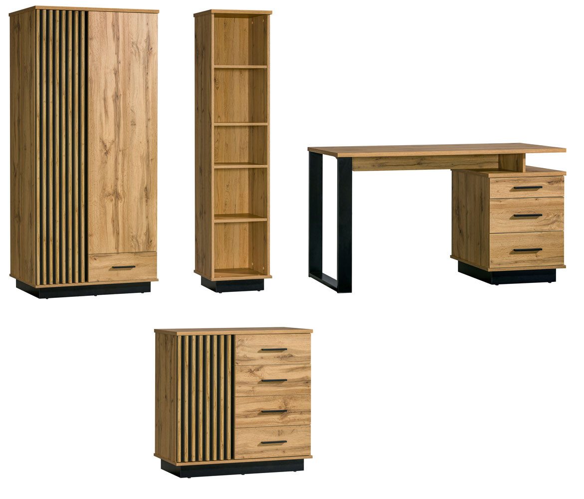 Feldmann-Wohnen Jugendzimmer-Set Lamia, (mit Türen, mit Einlegeböden, mit Schubladen, 4-tlg., Kunststoffgriffe in schwarz, Front mit dekorativen Lamellen), 4-teilig Eiche Wotan schwarz