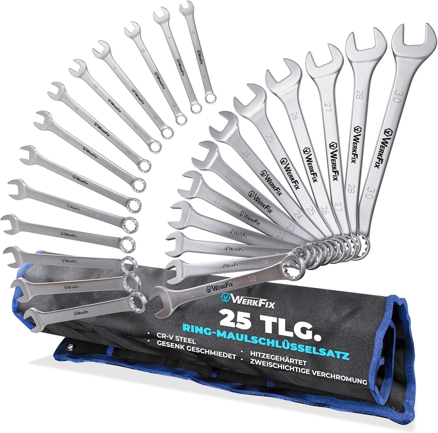 TAVIALO Gabel- und Ringschlüssel WerkFix Ring-Maulschlüsselsatz 25-tlg. 6-32 mm aus CrV-Stahl (25 St., Stabile Aufbewahrungstasche + 25 Gabelschlüssel), Gabelschlüssel Laser markiert, mattiert, in der Tasche