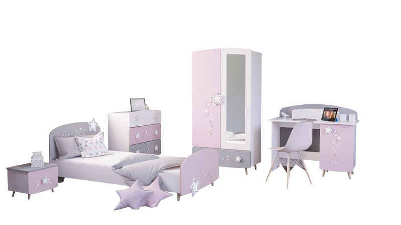 Kindermöbel 24 Schlafzimmer-Set Kinderzimmer Mädchen Sternschnuppe 5-teilig rosa weiß grau, (5-tlg)