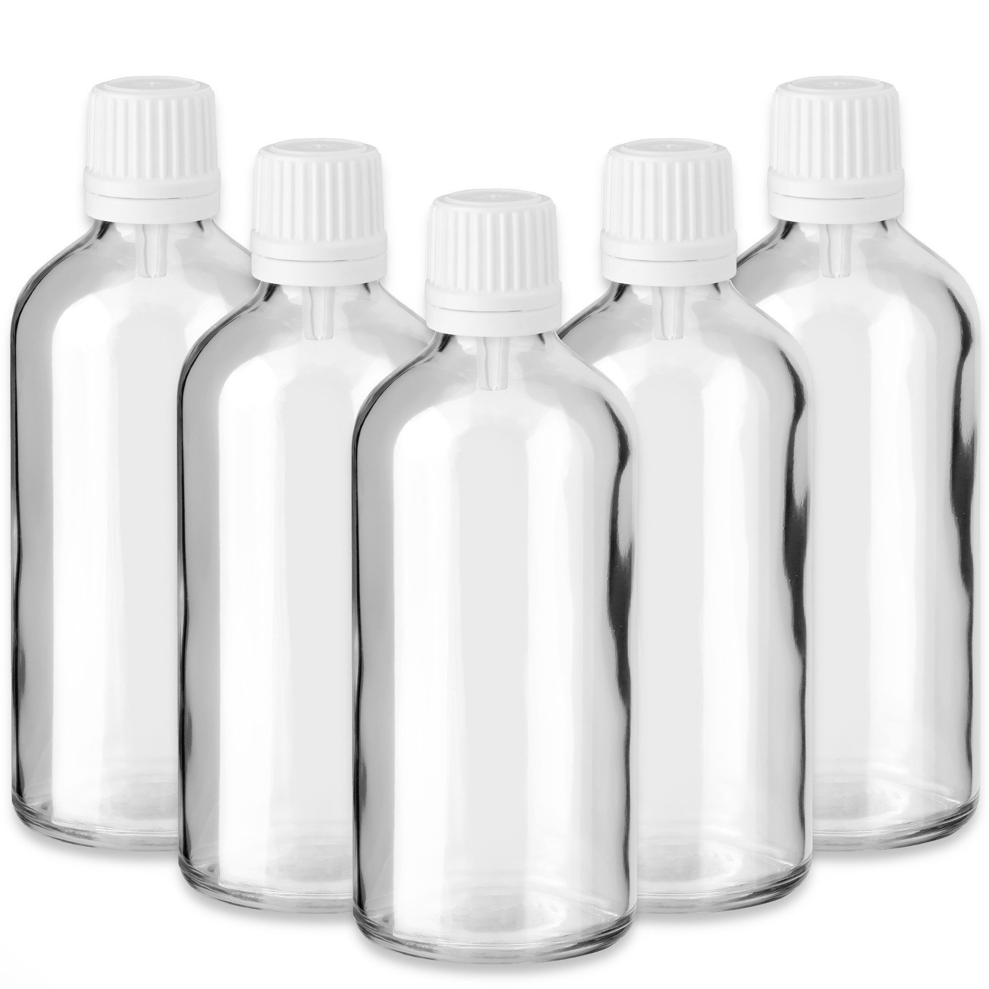 Tropfer 5x Klare Glasflasche 100 ml mit weißem Tropfeinsatz Tropfflasche DIN18