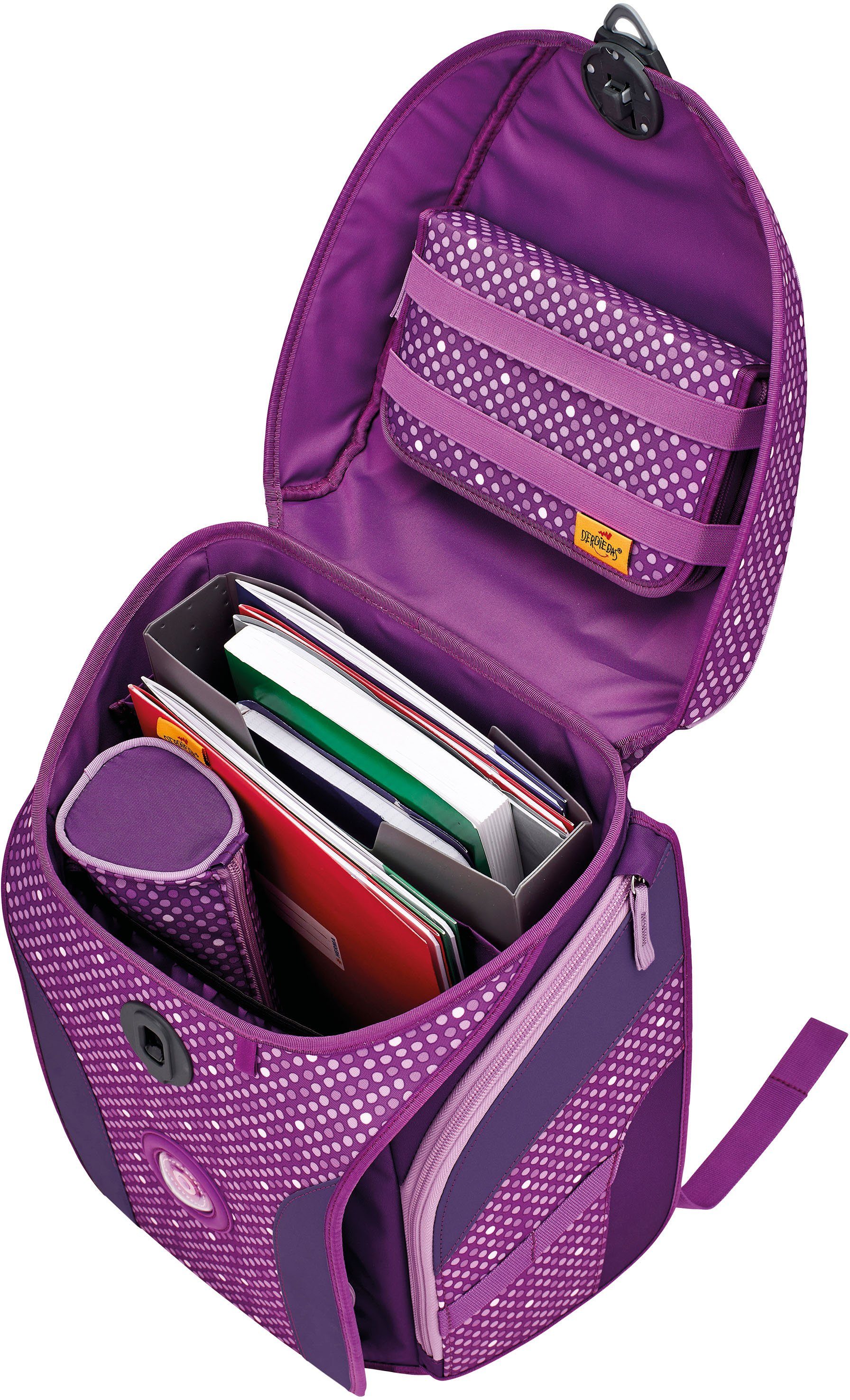 Dots Recycled MAX, 3 Material (Set), Schulranzen DerDieDas® Purple Buttons; Standard) mit recyceltes enthält ErgoFlex (Global