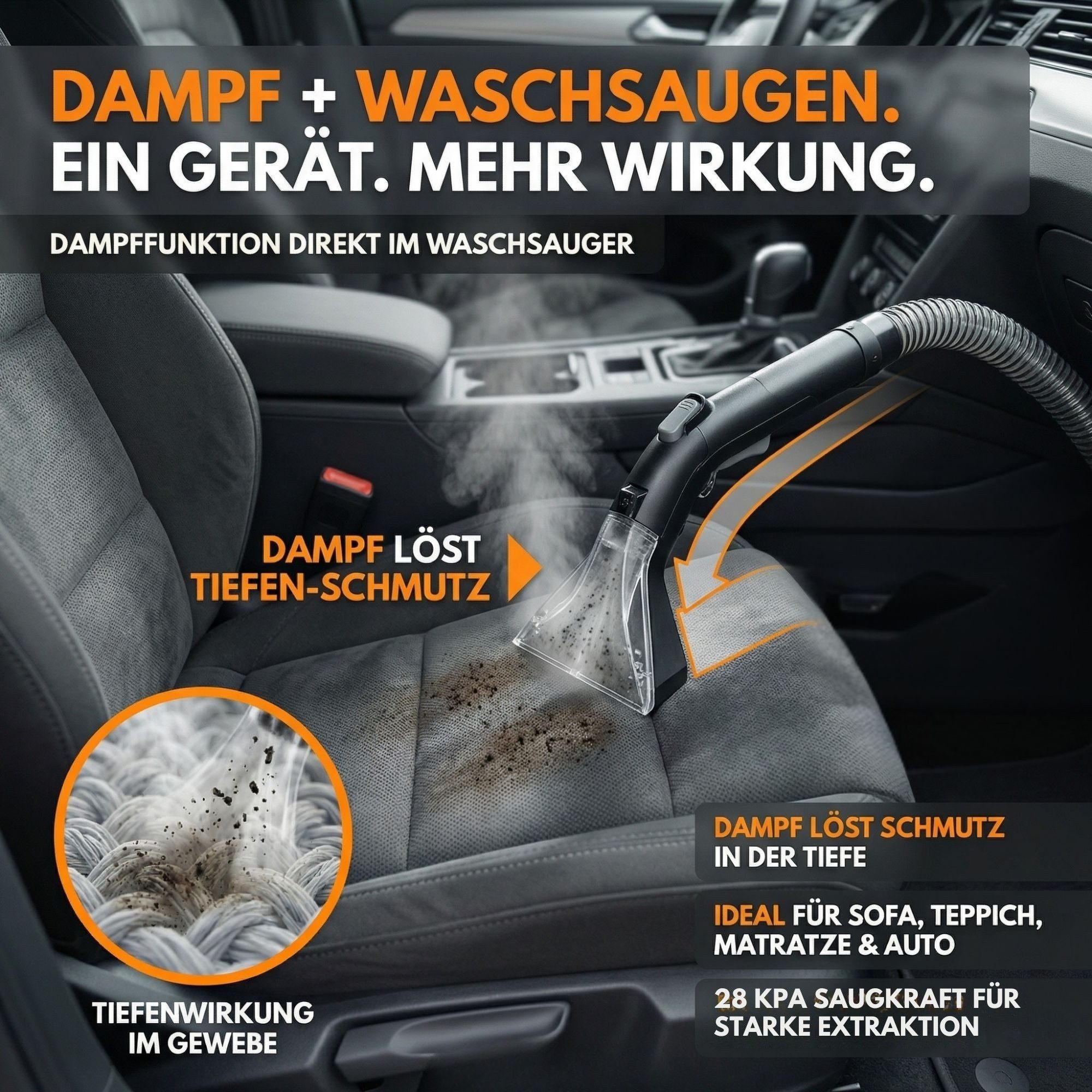 Sommertal Teppichreinigungsgerät Sommertal HYDRO 9000 MAX Waschsauger – 1.000W & 28 kPa, 1000 W, Teppichreiniger & Polsterreiniger mit Dampfsauger & Nasssauger