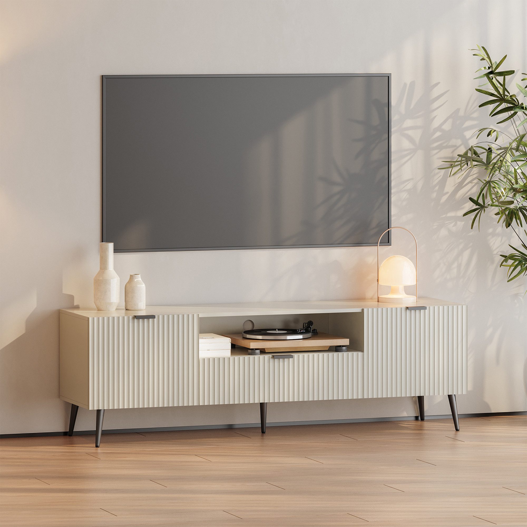 en.casa TV-Schrank »Nand« mit Schublade und 2 Türen geriffelt 160x40x51 cm Sandfarben