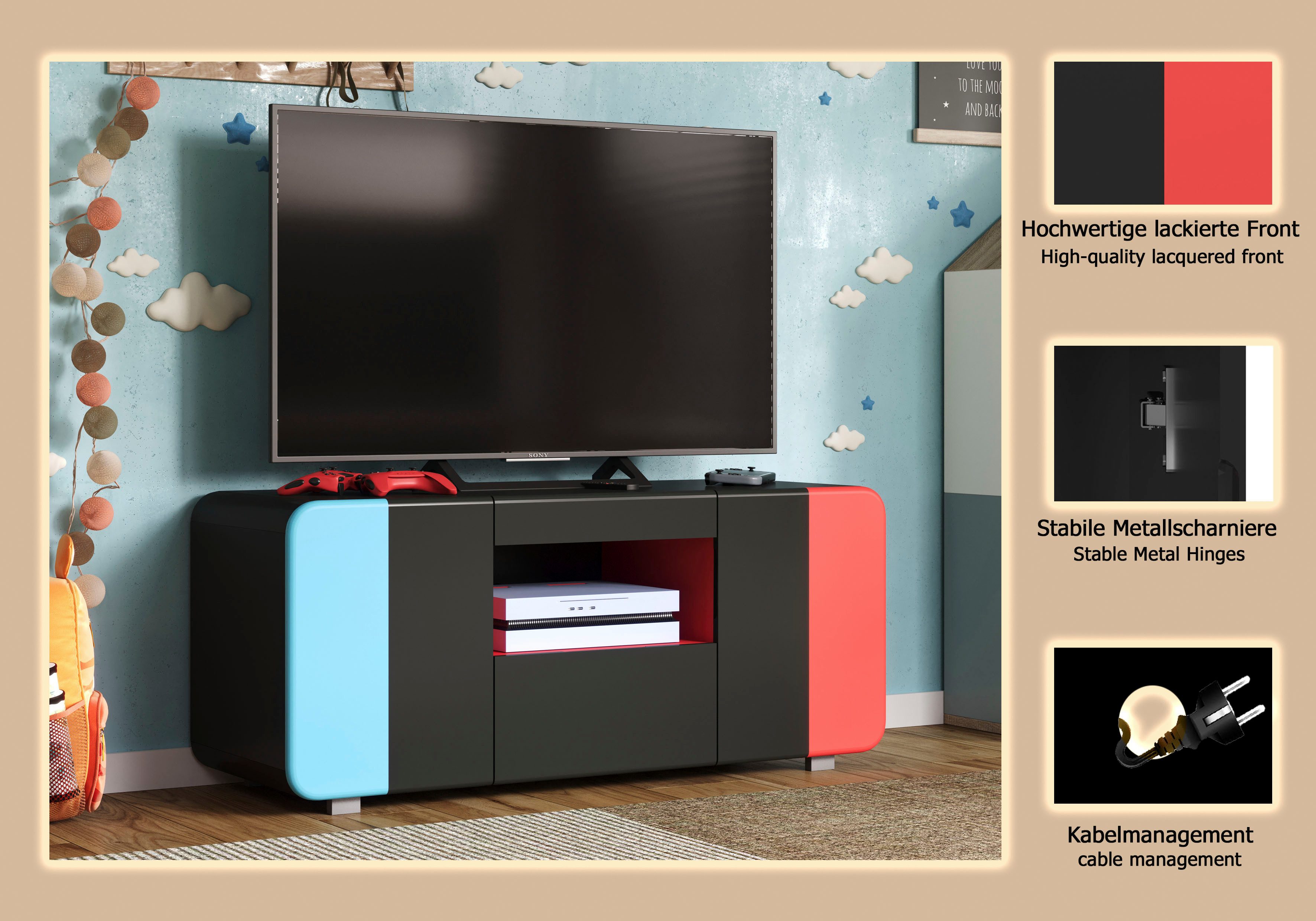 Home affaire Lowboard NextLevel speziell geeignet für Spielekonsolen, Gaming-Lowboard wahlweise mit Beleuchtung - (B/T/H) 115/42/49 cm