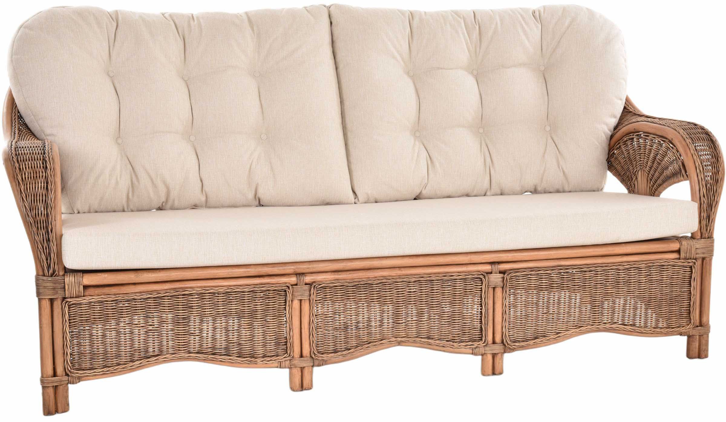 Krines Home Loungesofa Rattan Sofa Palm Rattanmöbel Wohnzimmersofa mit Polster (Dreisitzer), Wintergarten Lounge