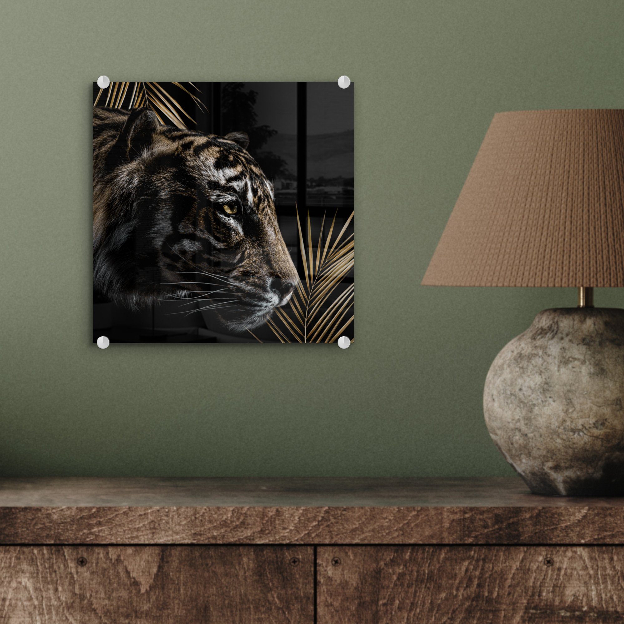 (1 Wandbild MuchoWow - Glas Glas St), Foto - Bilder - auf - Tiger Wanddekoration Acrylglasbild Farn Glasbilder auf Schwarz, -