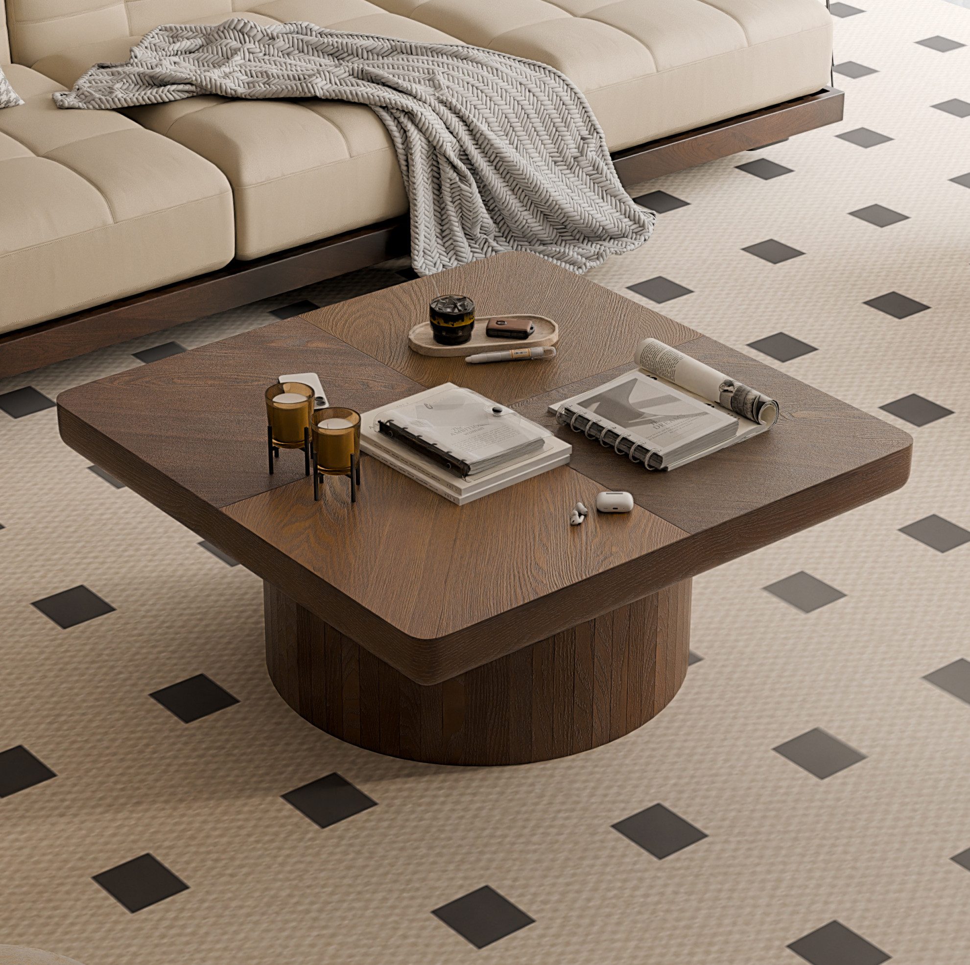 OKWISH Couchtisch Quadratischer Tisch, 78 cm, Walnut mit Tischplatte in Holzoptik (Packung, 1-St., Moderner Beistelltisch mit dicker Tischplatte, einfache Montage), Wohnzimmertisch mit Parquet Muster, stabilem Säulenfuß & MDF