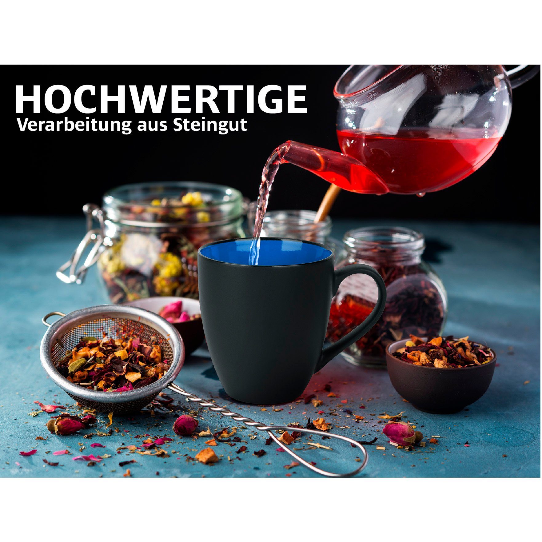 MiaMio Tasse MIAMIO - 6 x 350 ml Kaffeetassen Set Außen Schwarz Innen Farbig