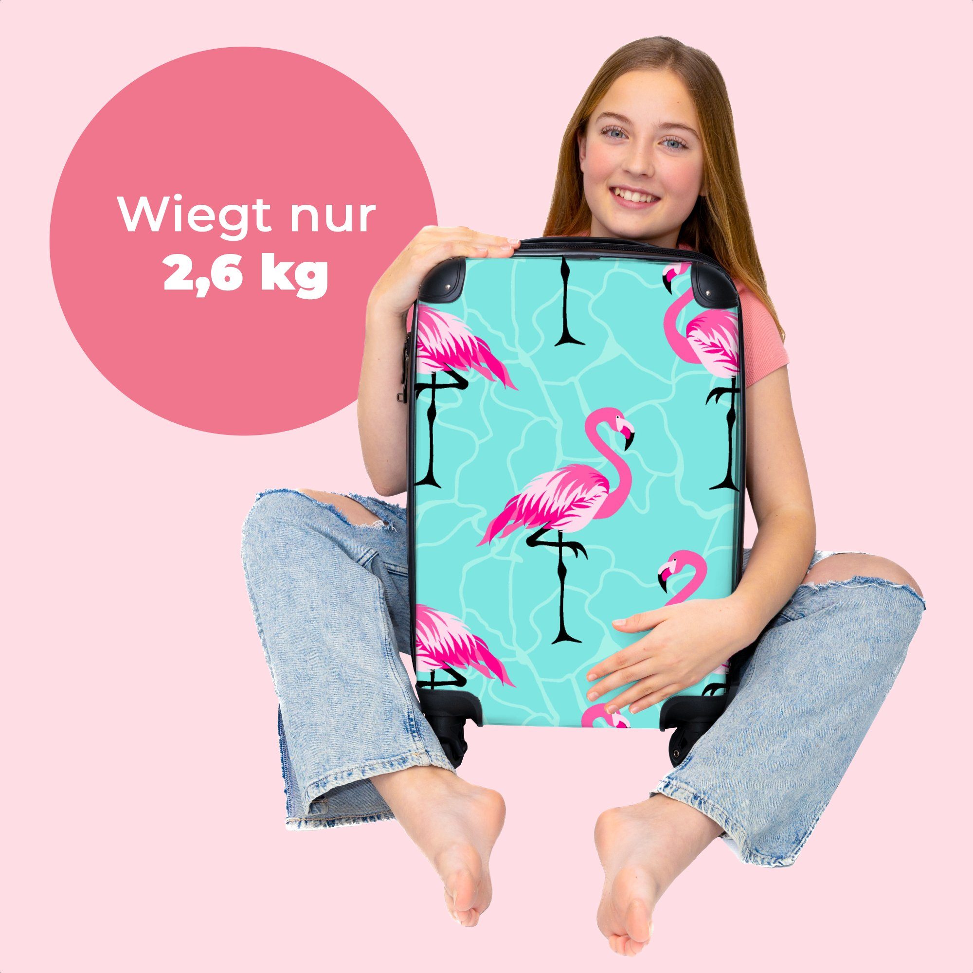 - Flamingo - Mädchen Design, Blau Reisekoffer 4 mit 4 55x35x20cm Kindertrolley, für - Kinderkoffer Kind Mädchen - NoBoringSuitcases.com© Rollen, Koffer rollen,