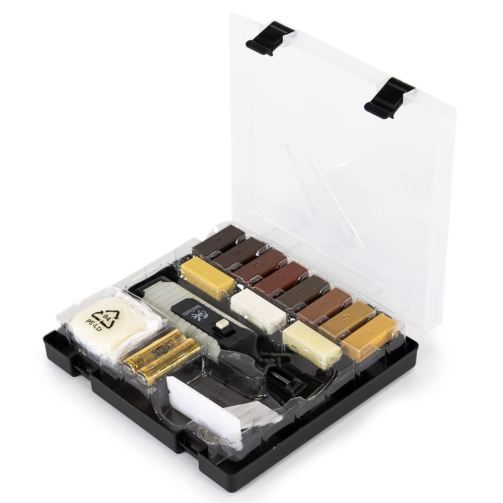 bestTools Schleifpapier Laminat Reparatur Set 16 Teile 11 Wachsfarben Wachsschmelzer, Für Laminat, Parkett & Möbel Kratzer einfach ausbessern