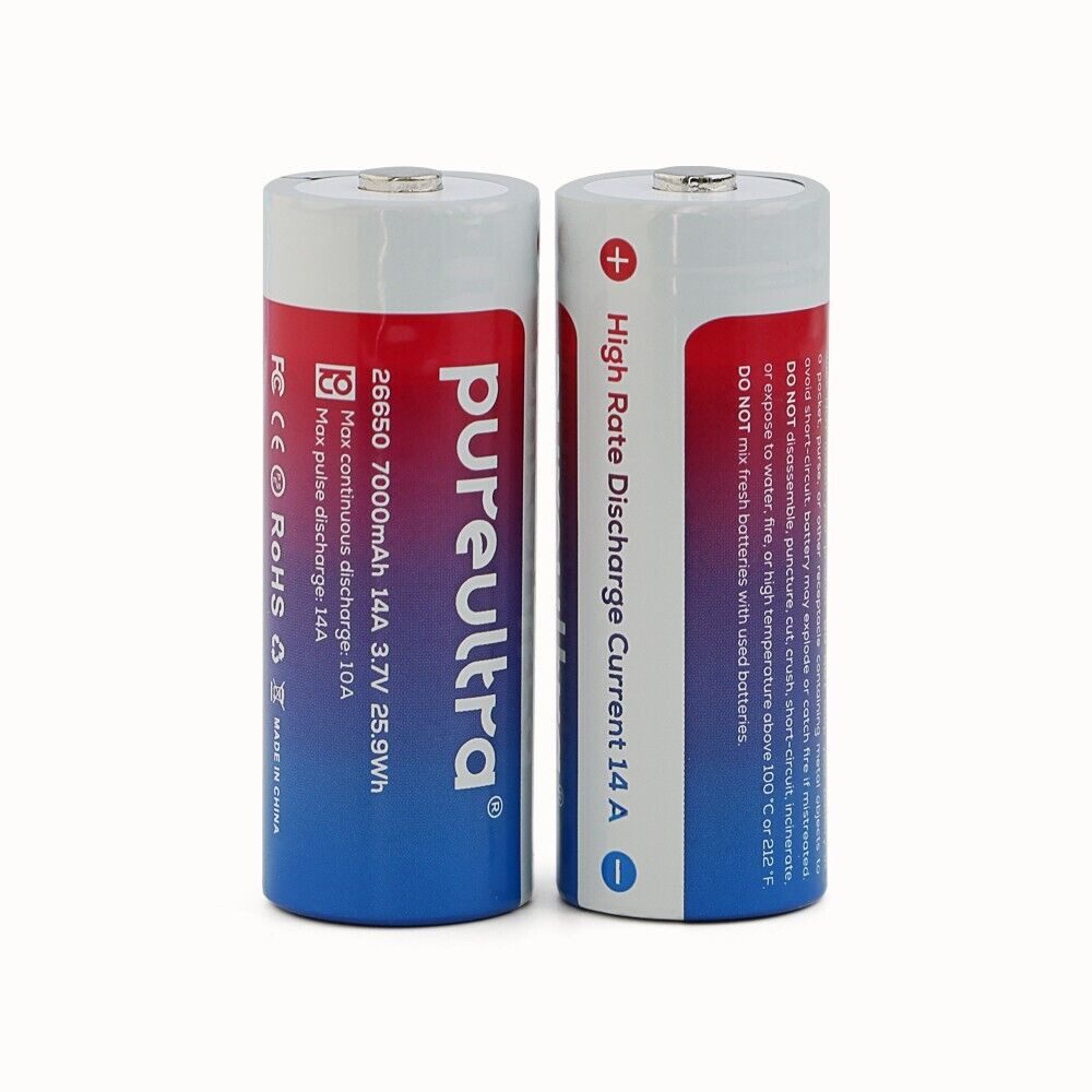 PureUltra 26650 Akku 5000 - 7000mAh High Drain 14A 7000 mAh (3,7 V), Li-Ion Hochleistungsakku mit PCB