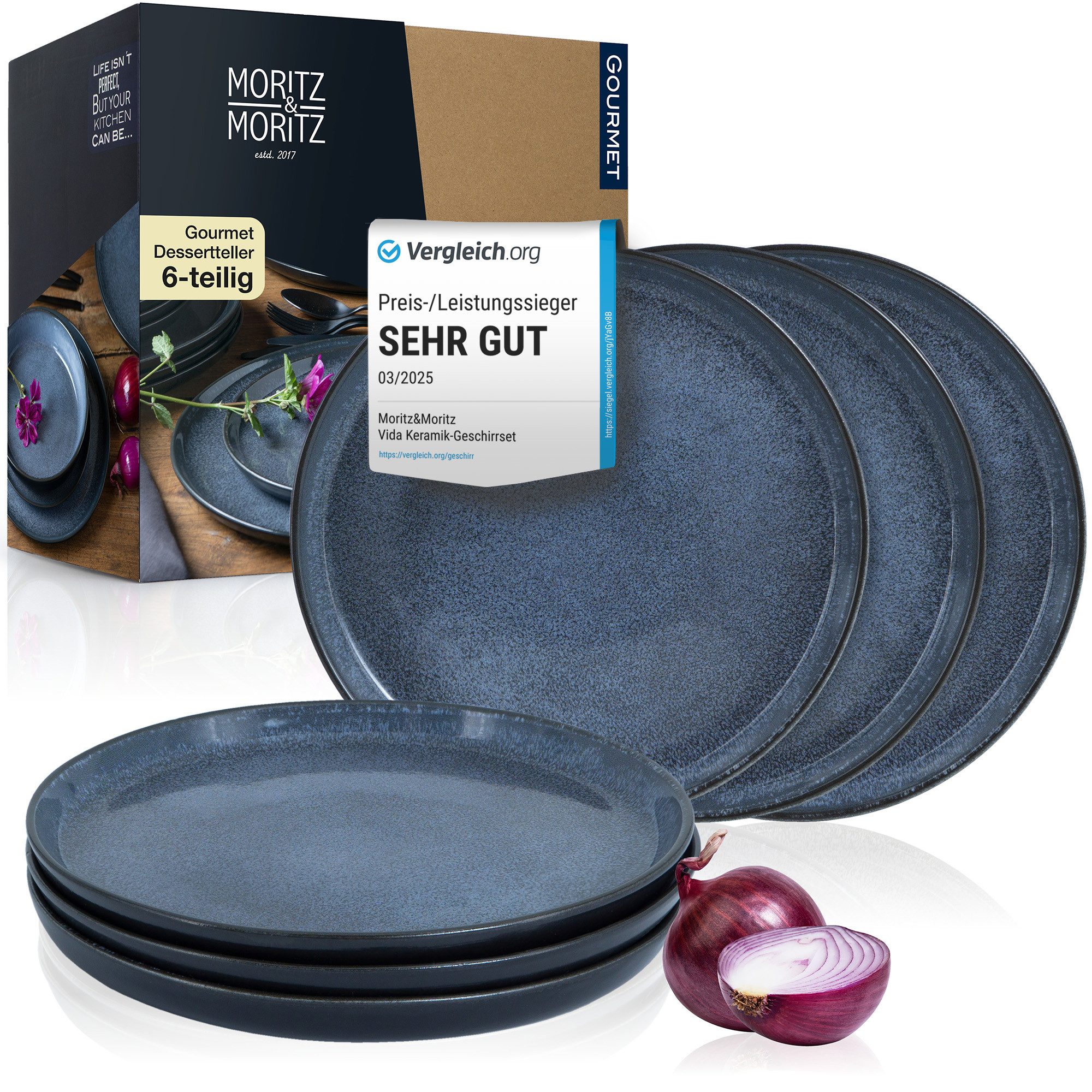 Moritz & Moritz Geschirr-Set VIDA Dessertteller für 6 Personen Blau (6-tlg), 6 Personen, Porzellan, Spülmaschinengeeignet, Hochwertiges Porzellan