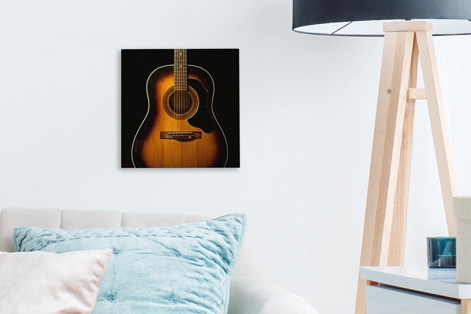 Akustische Leinwandbild Bilder St), Leinwand auf Hintergrund, Gitarre (1 schwarzem für Wohnzimmer OneMillionCanvasses® Schlafzimmer