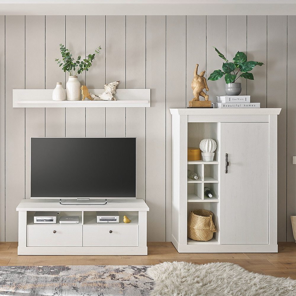 Lomadox Wohnwand RAPLA-61, (3-St., Wandboard Lowboard Highboard), in Pinie weiß, Landhaus Stil