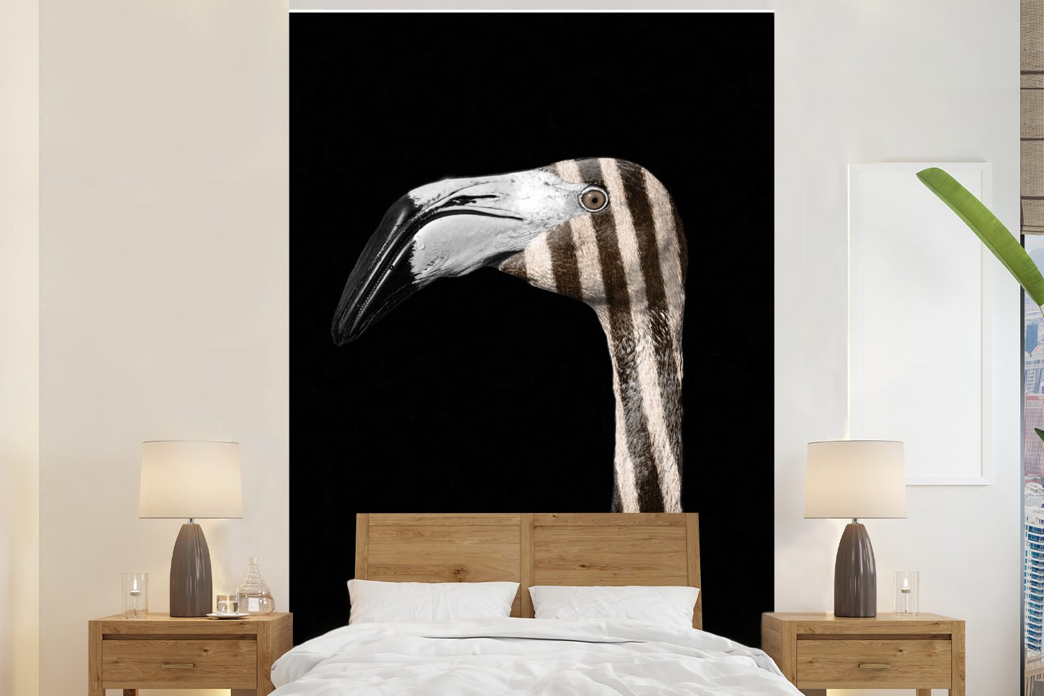 MuchoWow Fototapete Flamingo - Porträt - Zebra, Matt, bedruckt, (3 St), Montagefertig Vinyl Tapete für Wohnzimmer, Wandtapete