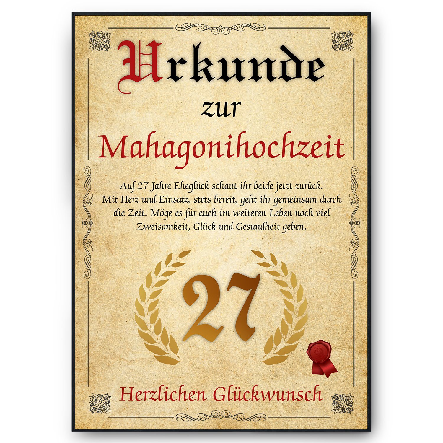 Tigerlino Poster Urkunde zum 27. Hochzeitstag Geschenk 27. Jahrestag Karte Ehepaar, Mahagonihochzeit