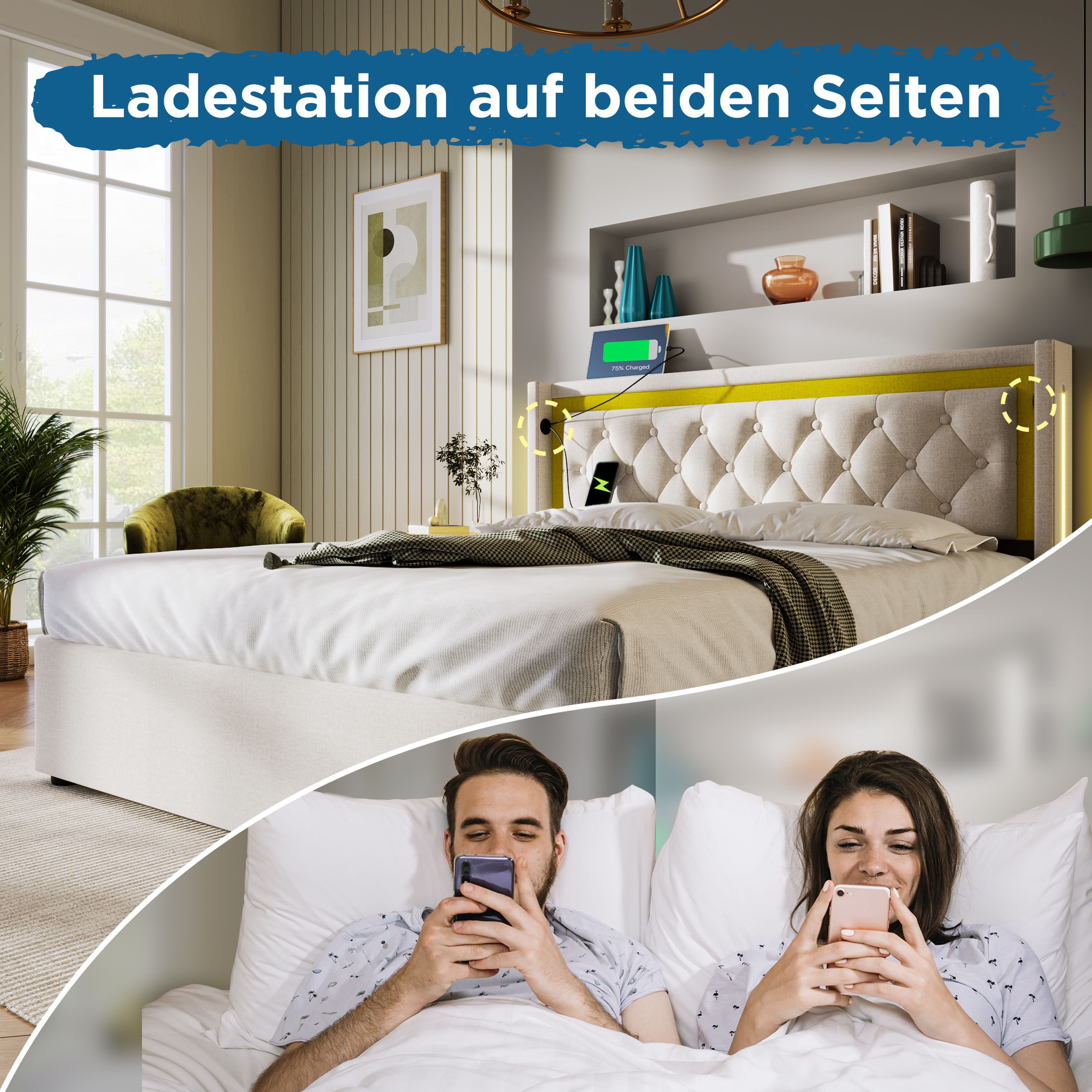 BlingBin Boxspringbett Stauraumbett Polsterbett (1-St., mit USB Typ C Ladef günstig online kaufen
