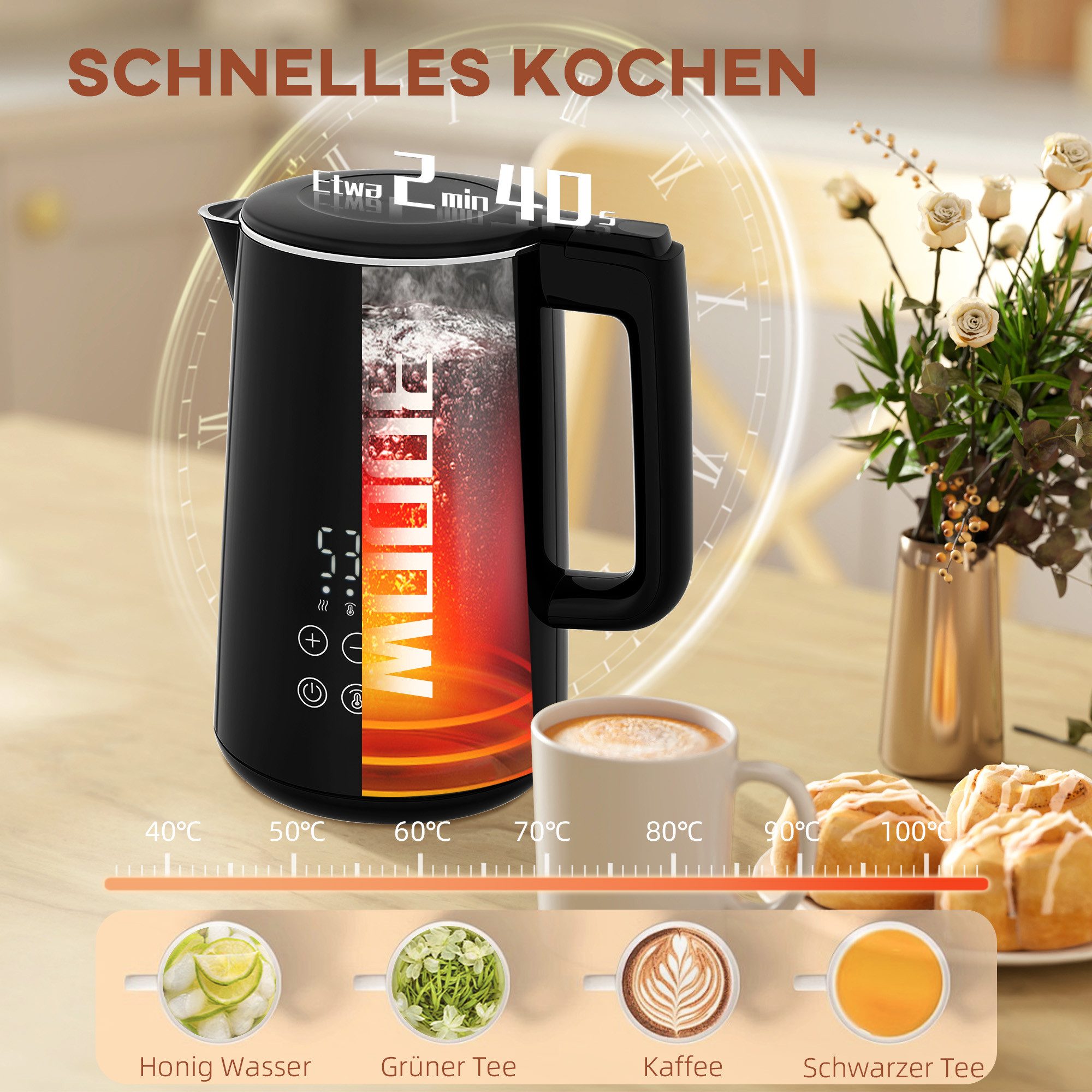 HOMCOM Toaster Wasserkocher Set Edelstahl 1,5L automatisch mit Abschaltung, 2 Schlitze, für 2 Scheiben, 2200 W, 7 Bräunungsstufen, schnelles Kochen, Schwarz – Bild 4 von 5
