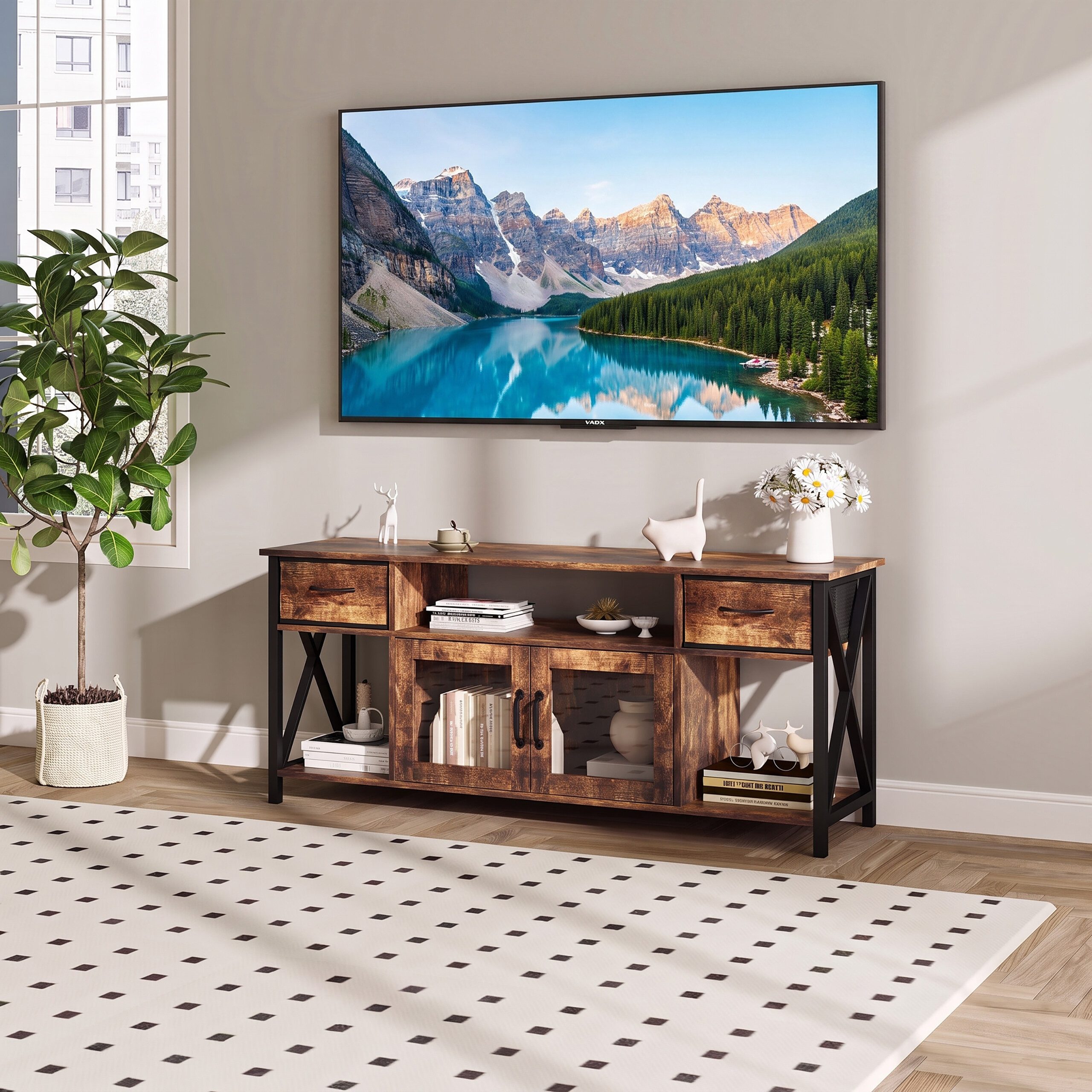 relaxdays TV-Bank TV Lowboard mit Stauraum, Industrial-Schwarz, 140 cm