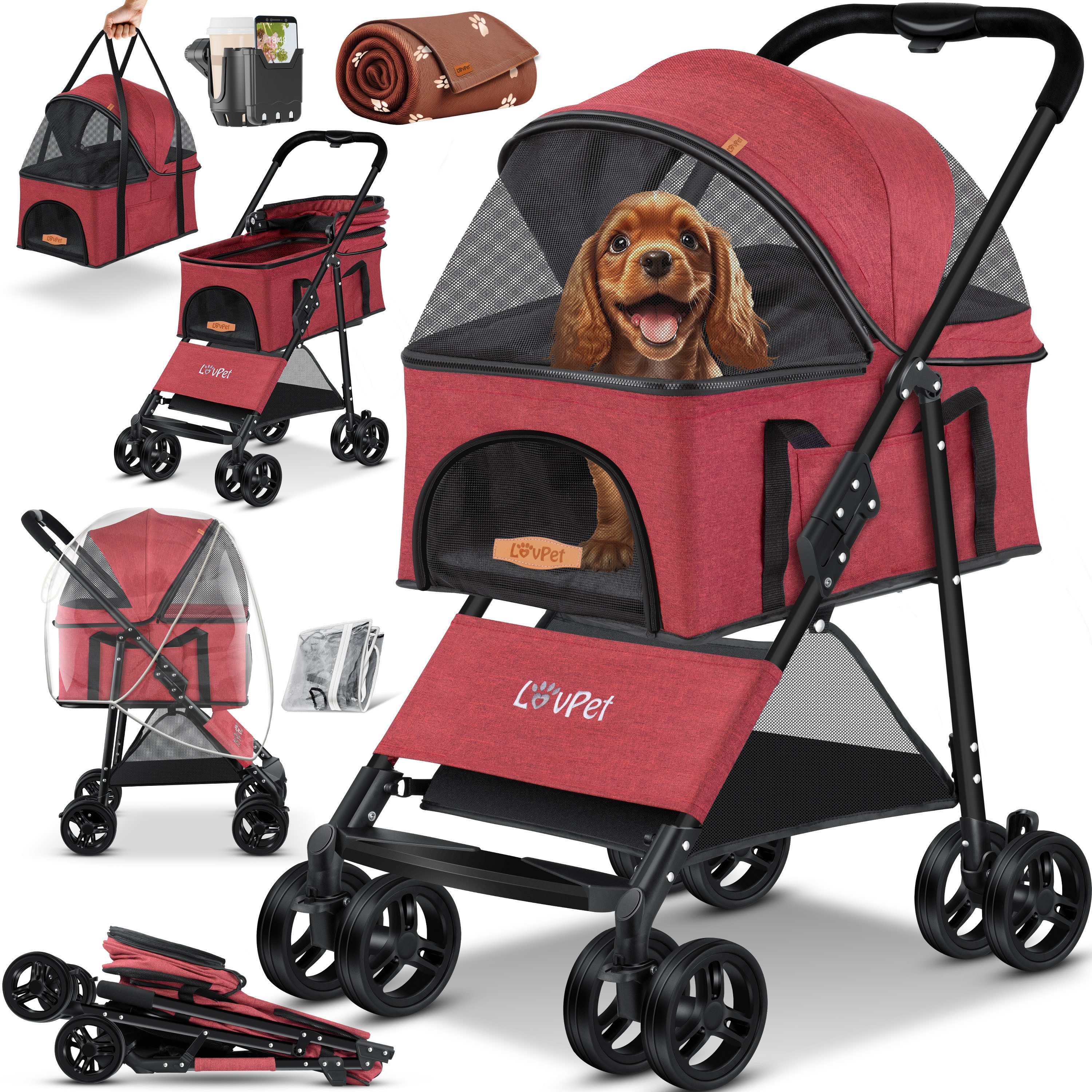 Lovpet Hundebuggy 2in1 Hundewagen max. bis 20kg Buggy für Haustiere, (Hundebox & Tasche mit Regenschutzabdeckung Getränkehalter Kuscheldecke), Haustier- & Katzenbuggy faltbar & klappbar mit Netzfenster