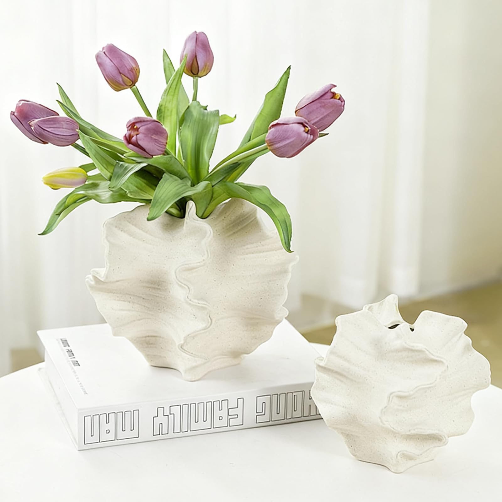 FOUORTUNATE-BEE Dekovase Keramik Vase Beige Moderne Vasen für Nordisches Vasen Deko (Boho Blumenvase, für Zuhause, Wohnzimmer, Büro, Bauernhaus, Couchtisch Dekoration)