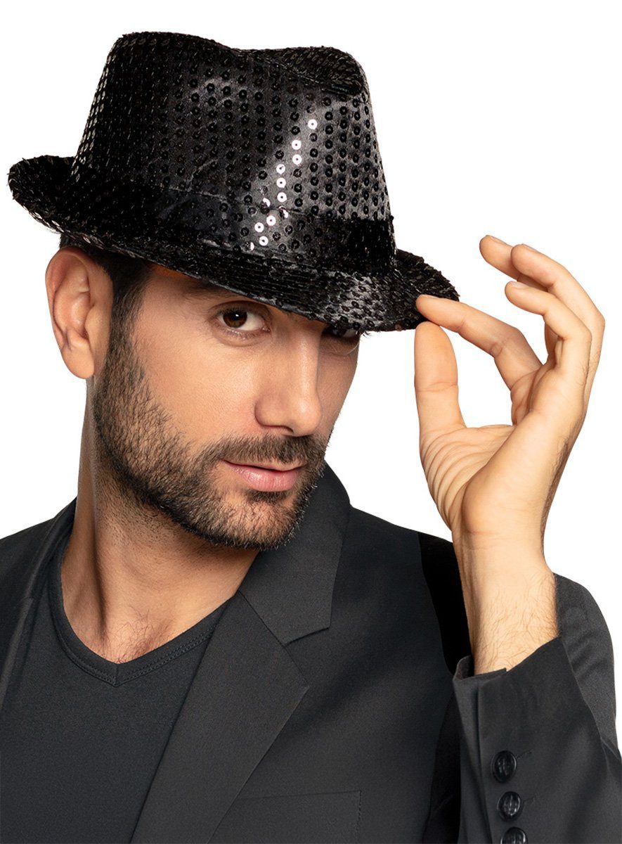 Smiffys Kostüm Glitzerhut schwarz, Paillettenhut für Silvester, Bühne oder Showeinlage
