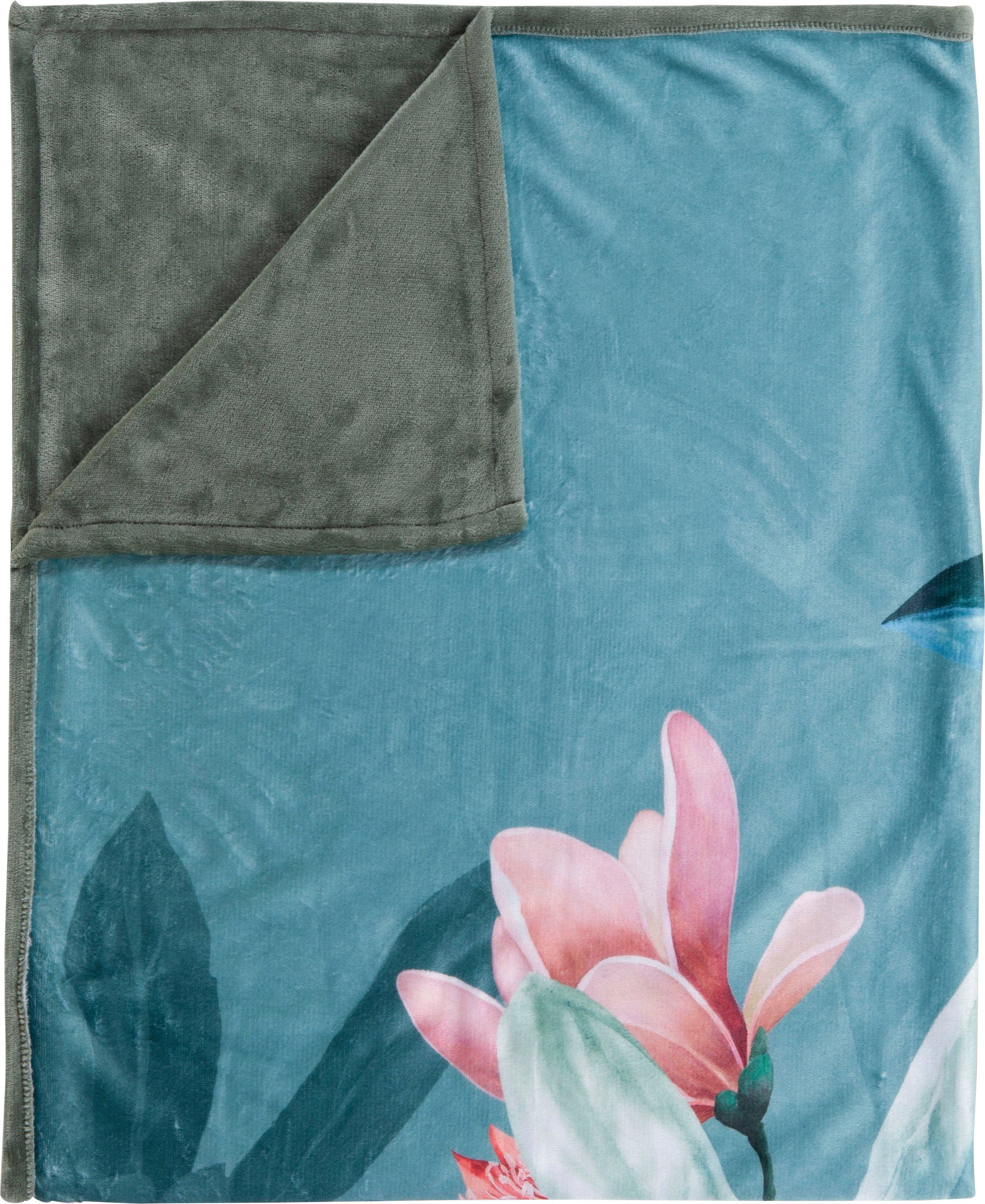 Plaid Parler, Descanso, Sehr Weich, Kuscheldecke, 130x160 cm, Wendeoptik, Blumen, Grün