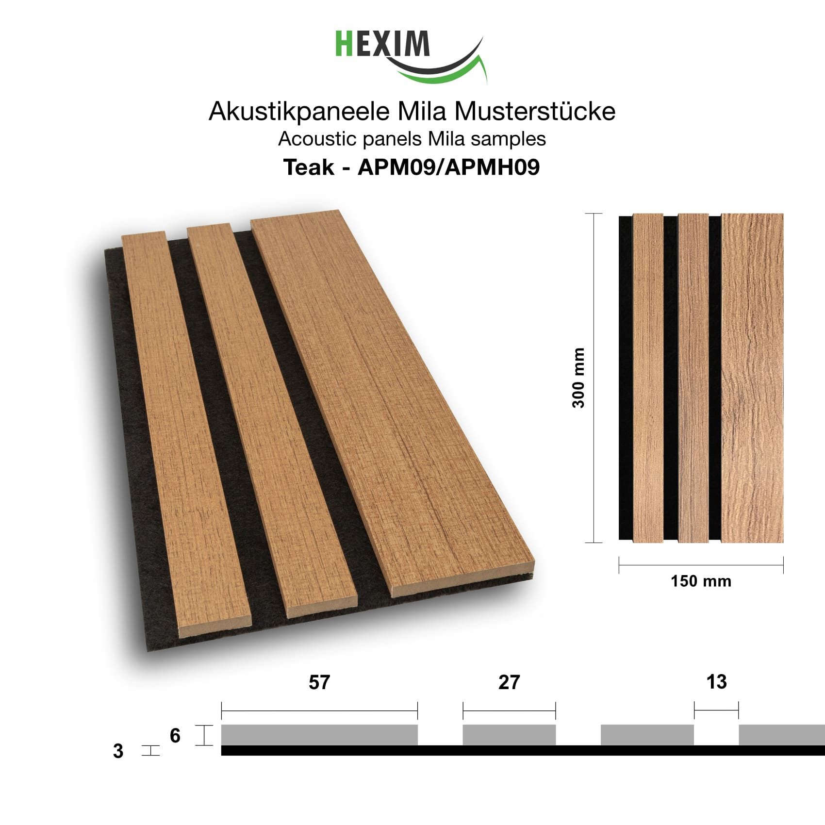 Hexim Wandpaneel, (Akustikpaneele Holz Musterstück Mila - flexible Holzpaneele Wanddeko Wand Kombipaneel Wandverkleidung innen Schalldämmung Akustikfilz braun Teak)