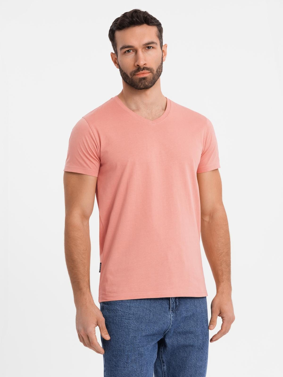 OMBRE T-Shirt BASIC Herren T-Shirt aus klassischer Baumwolle mit V-Ausschnitt Jacquard-Label mit Branding in der Seitennaht