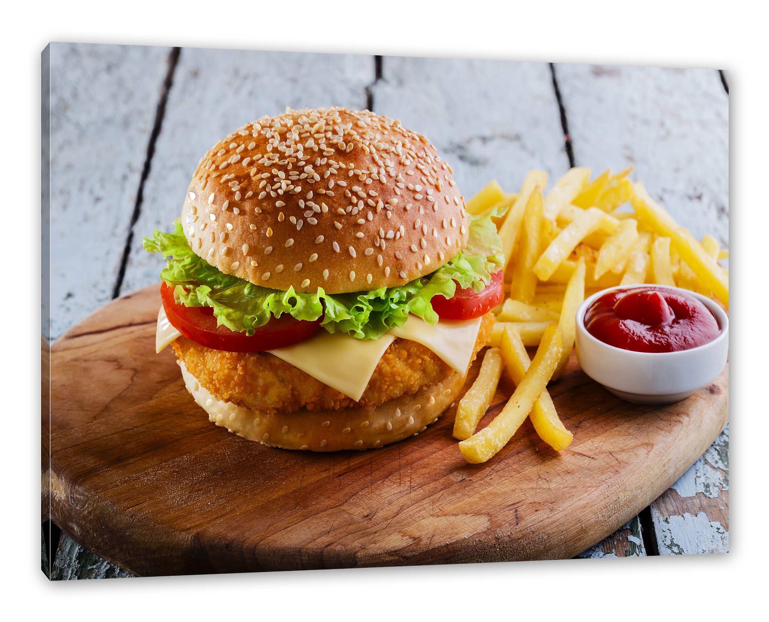 Leinwandbild St), Chickenburger inkl. Pommes, Zackenaufhänger Leinwandbild bespannt, Chickenburger Pommes (1 fertig Pixxprint