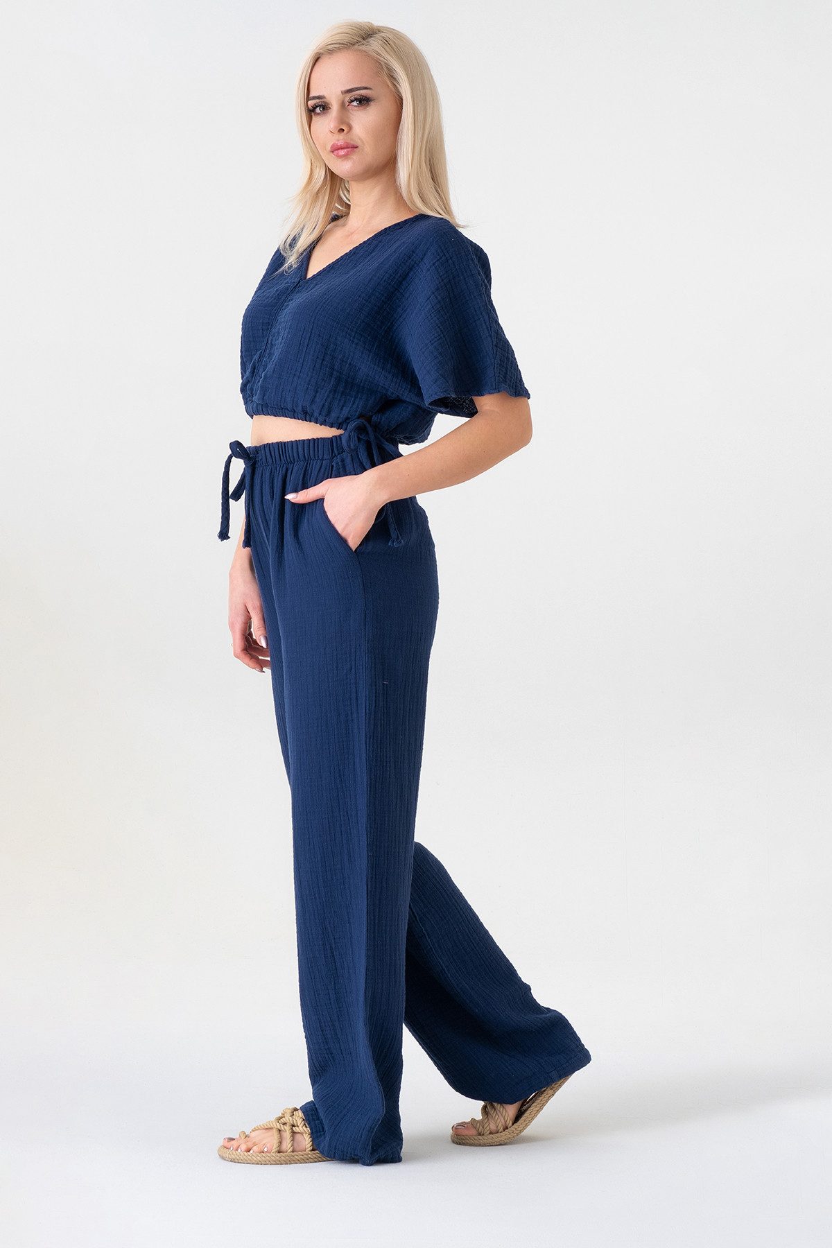 WENOR Palazzohose Damen Musselin-Hose - Sommerhose 100 % Baumwolle, elastischer Bund Weiter Beinverlauf, Musselinstruktur, luftiger Schnitt